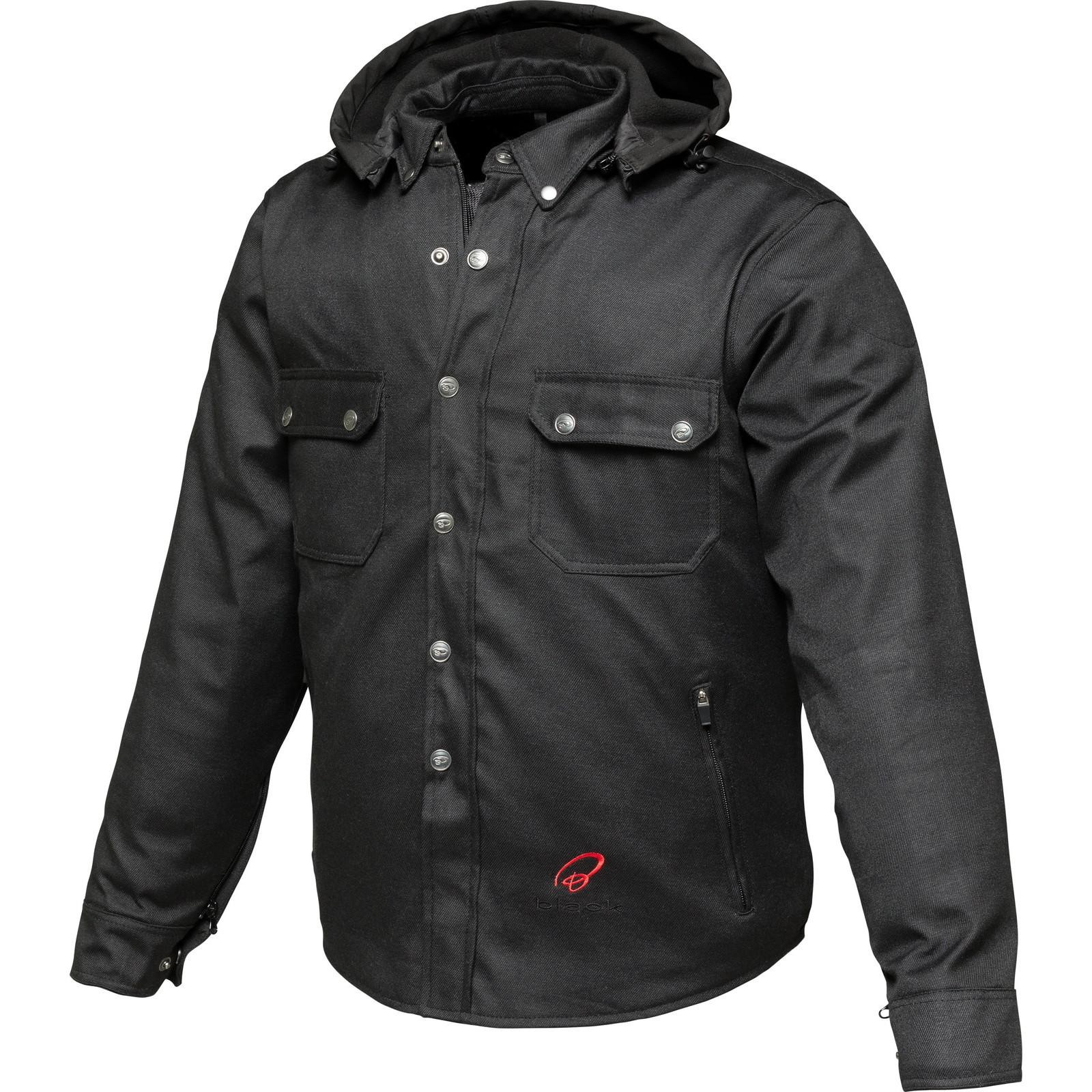 Black Forge Armoured Motorcycle Shirt in 10XL size, featuring a black fabric, front snap buttons, two chest pockets, a zippered side pocket, and a hood for added protection.