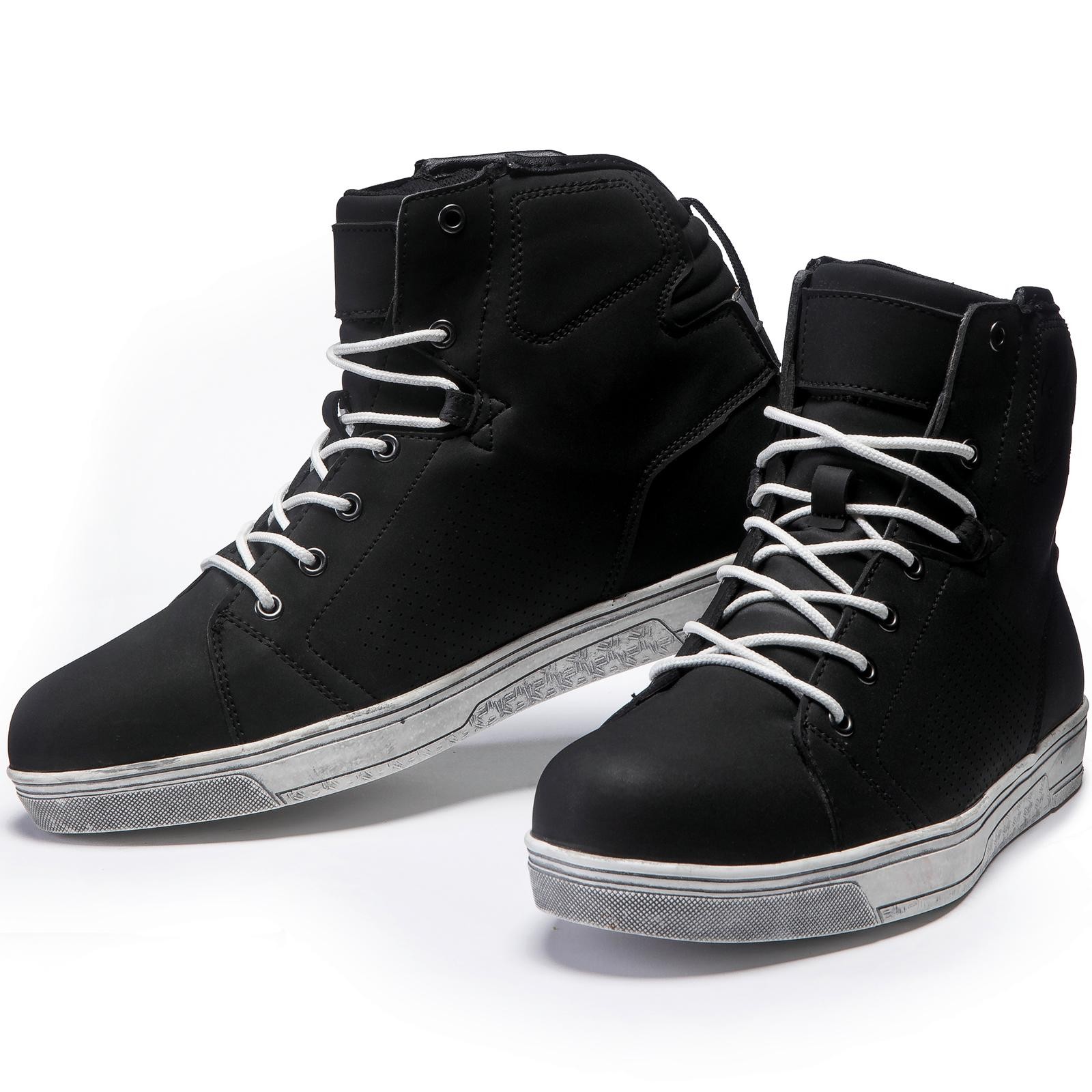 Black ankle motorcycle boots with a waterproof design, featuring a textured black upper, white laces, and a contrasting white rubber sole.