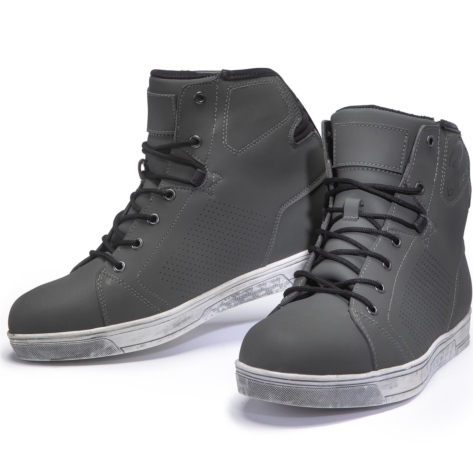 Black ankle motorcycle boots in grey with a textured finish, featuring lace-up closure, padded collar, and a white rubber sole with a subtle design. Size 45 (UK 11).