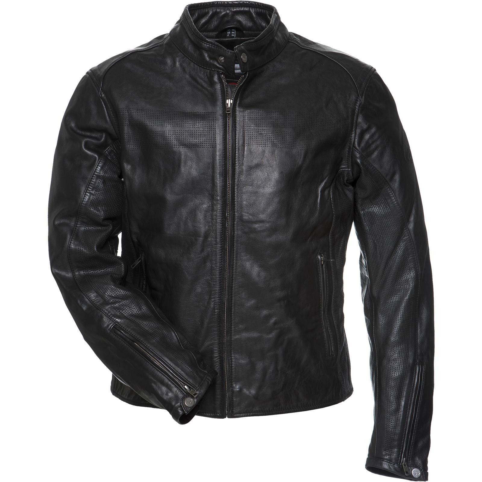 Black leather motorcycle jacket in size 3XL (48) featuring a sleek design, textured panels, a high collar, and zippered front closure.