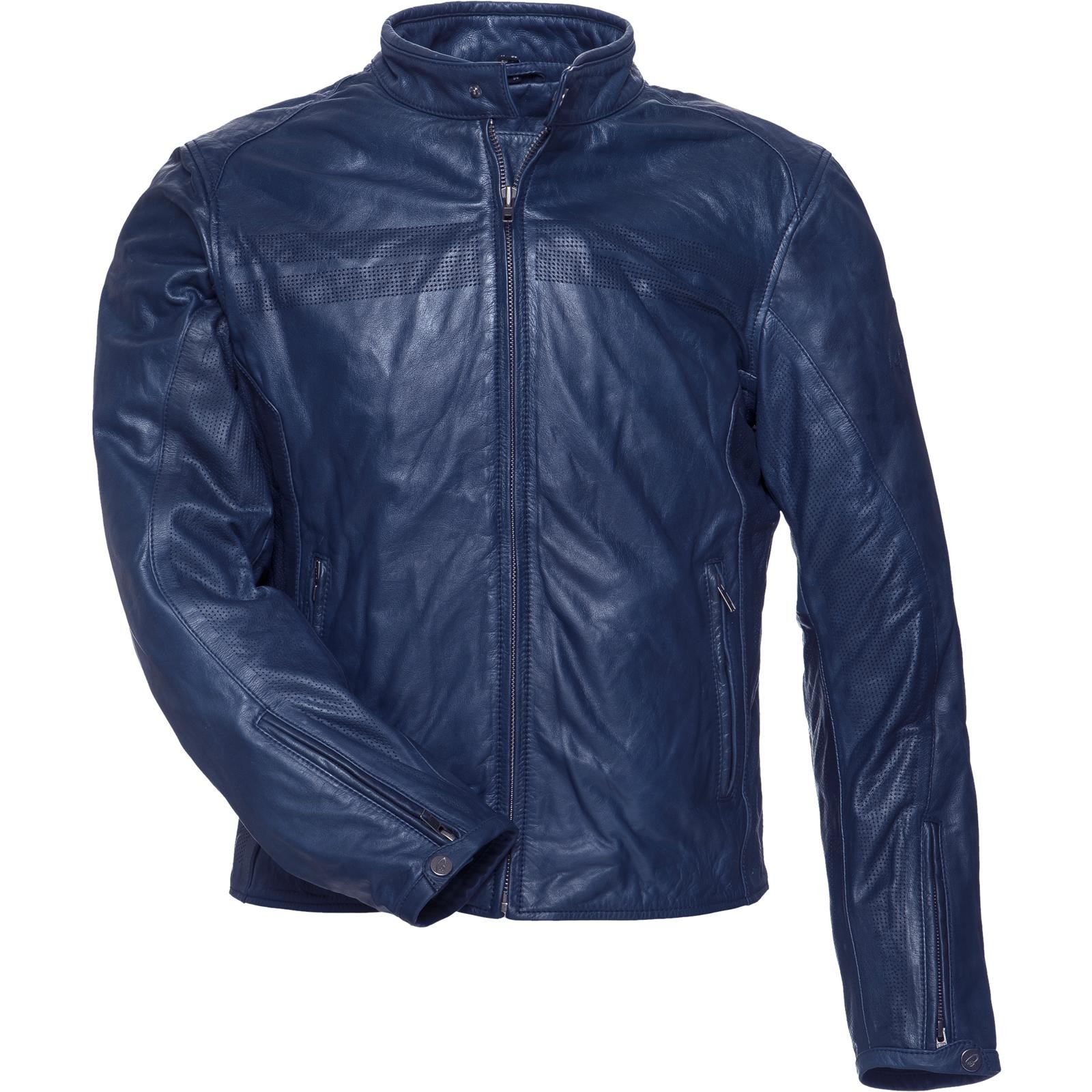 Black Notus leather motorcycle jacket in deep blue, featuring a sleek design, zippered front, and textured detailing on the sleeves, available in size 3XL (48).