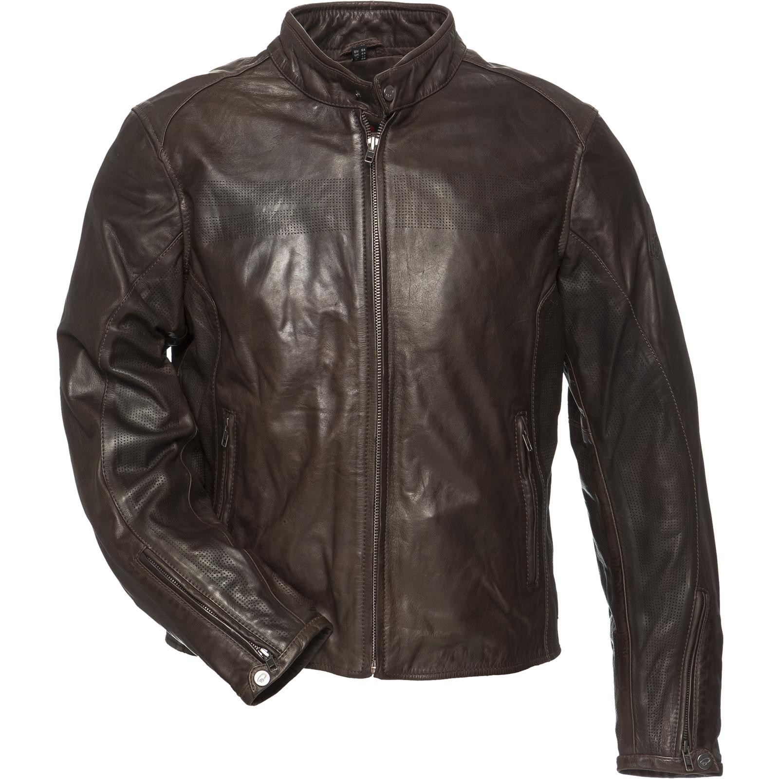 Black Notus leather motorcycle jacket in a rich brown color, featuring a classic collar, zip closure, and textured detailing on the sleeves. Size S (38).