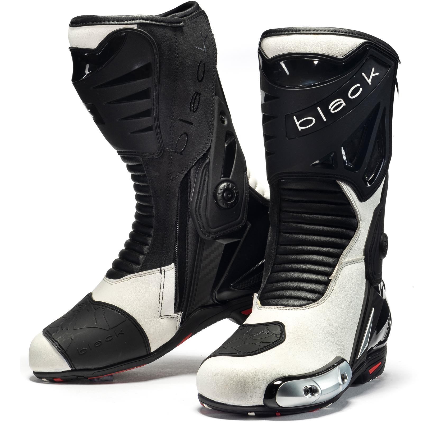 Black and white sports motorcycle boots featuring a sleek design, made from durable materials with ventilation grooves, reinforced toe, and ankle protection. Size 42 (UK 8).