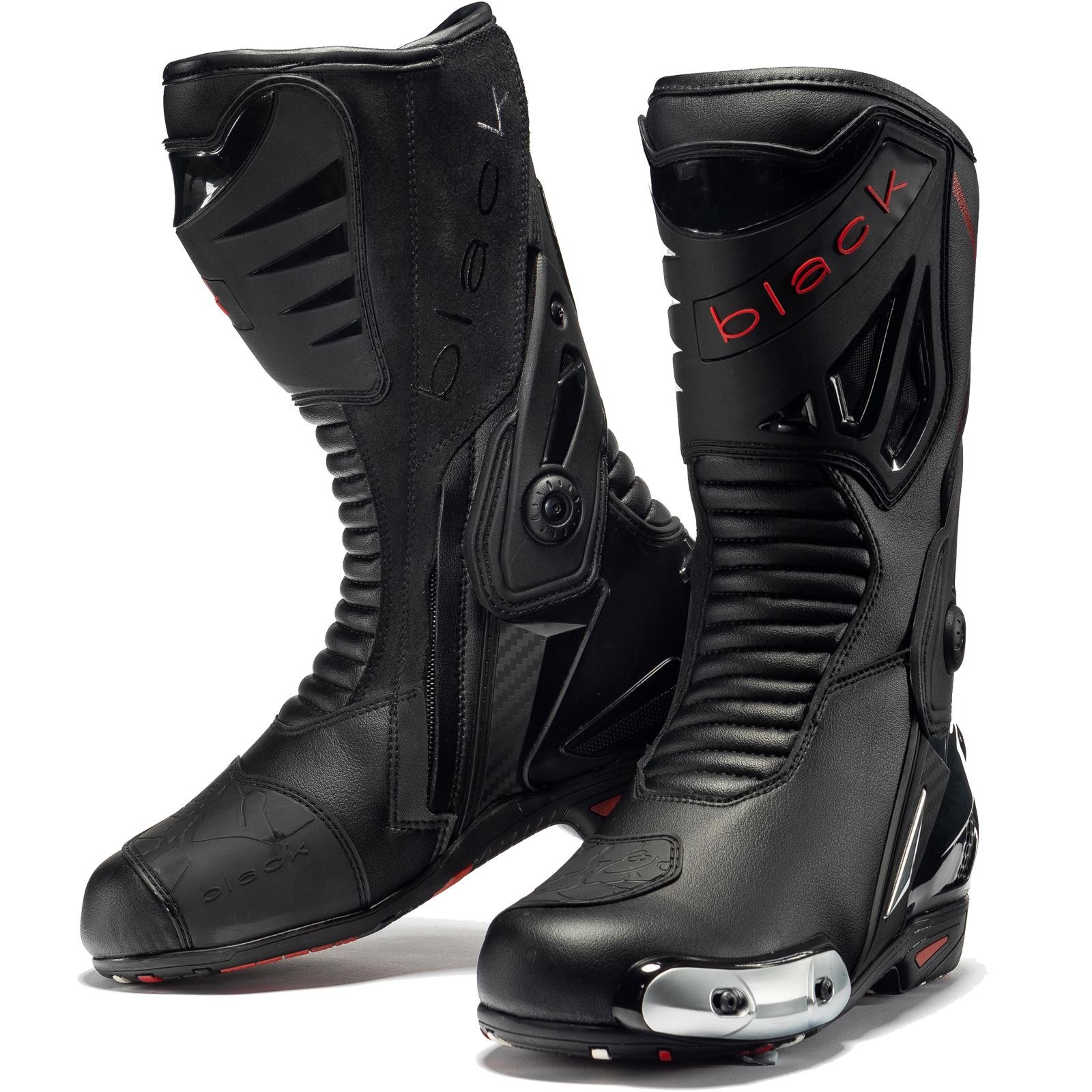 Black Panther sports motorcycle boots in size 44 (UK 10), featuring a sleek black design, textured material, reinforced toe and heel, and red accents for a sporty look.