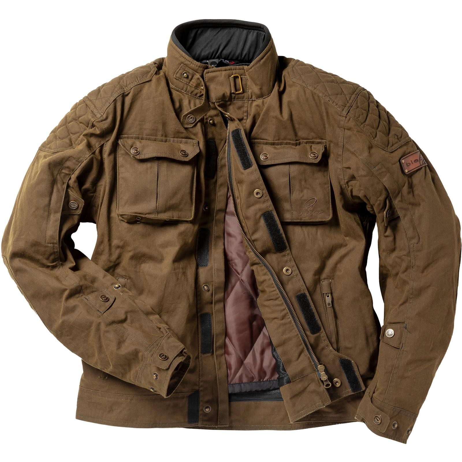 Black Pendle Wax Motorcycle Jacket in olive brown, featuring a quilted design, two front pockets, a high collar, and a zippered closure, made from durable waxed material.