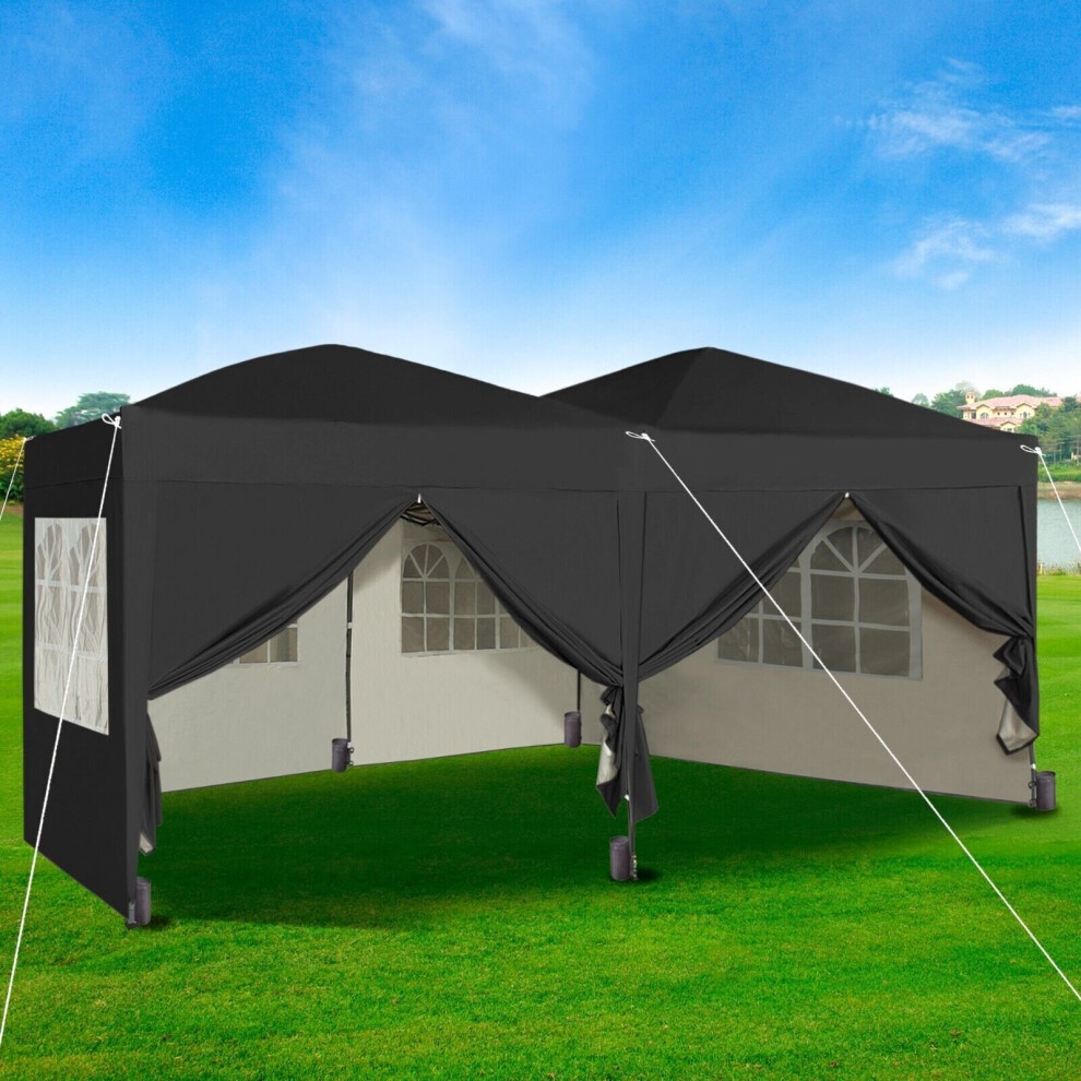 Black MCC pop-up gazebo measuring 3m x 6m, featuring side panels, wind bars, and six weight bags, with a waterproof canopy and large windows for visibility.
