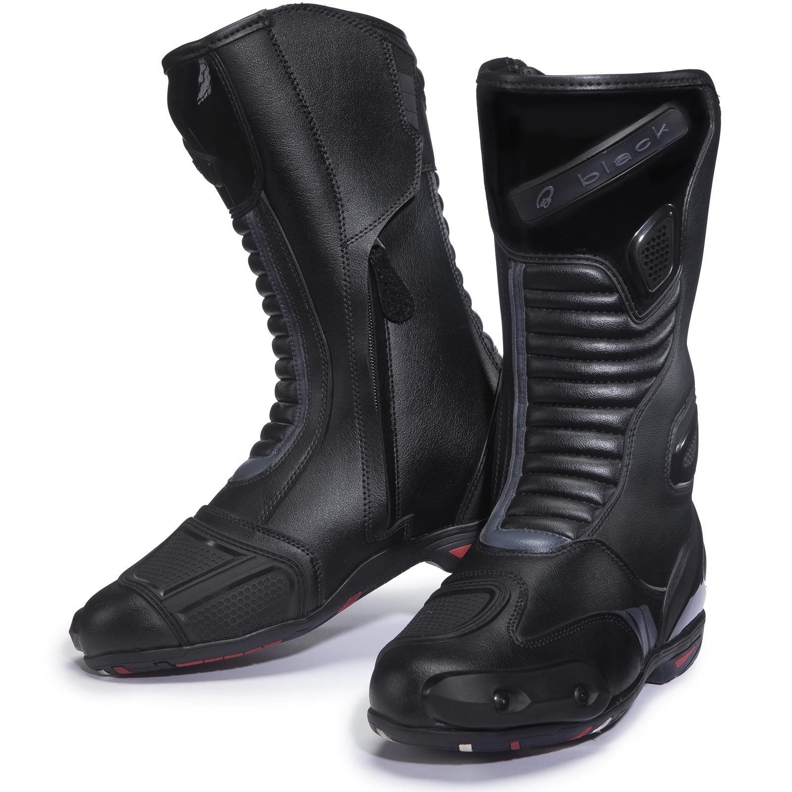 Black Rapid WP Motorcycle Boots in size 46 (UK 12), featuring a sleek black leather design, reinforced toe and ankle protection, and textured panels for flexibility.