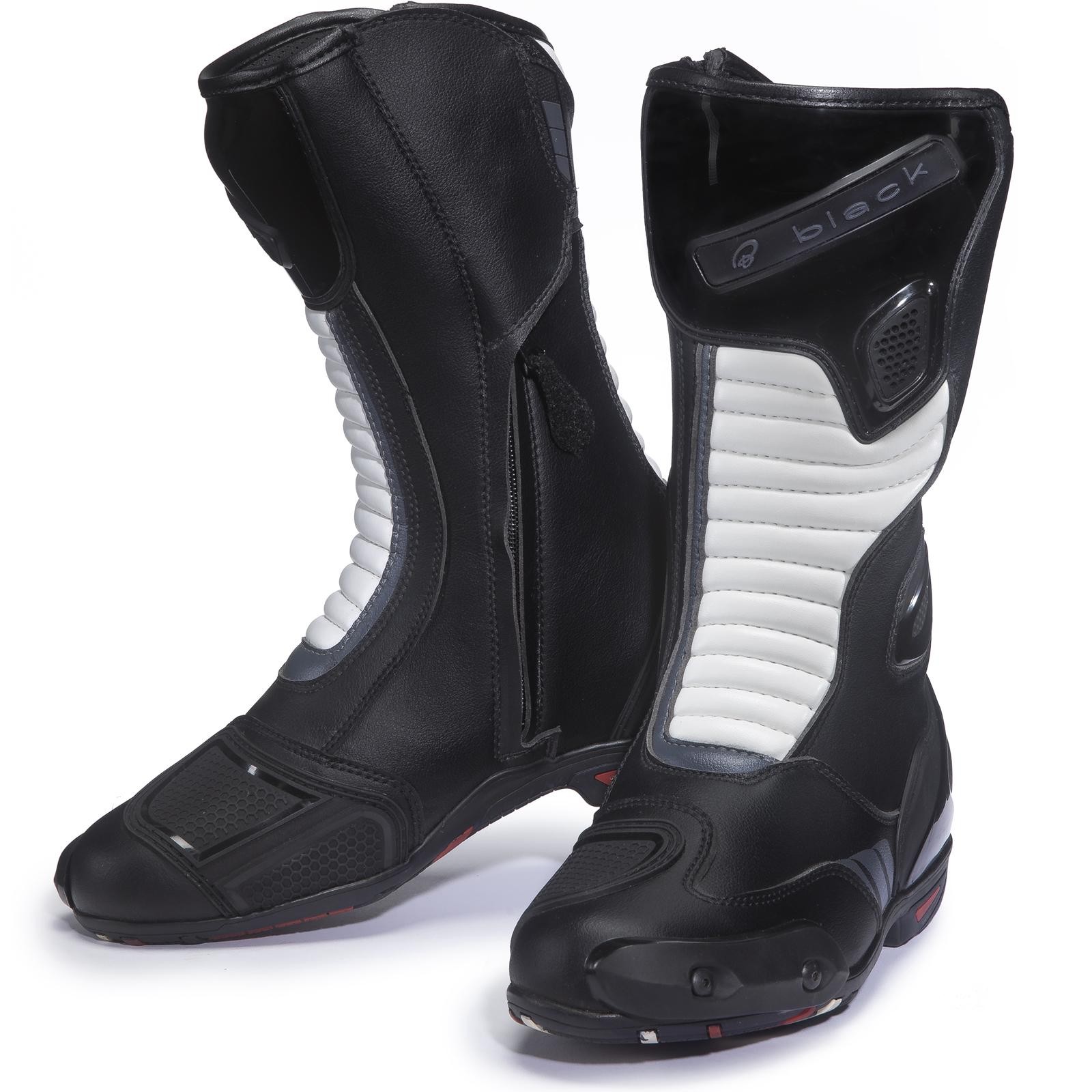 Black Rapid WP motorcycle boots in size 46 (UK 12), featuring a sleek black design with white accents, made from durable leather, and equipped with a zip closure and protective padding.
