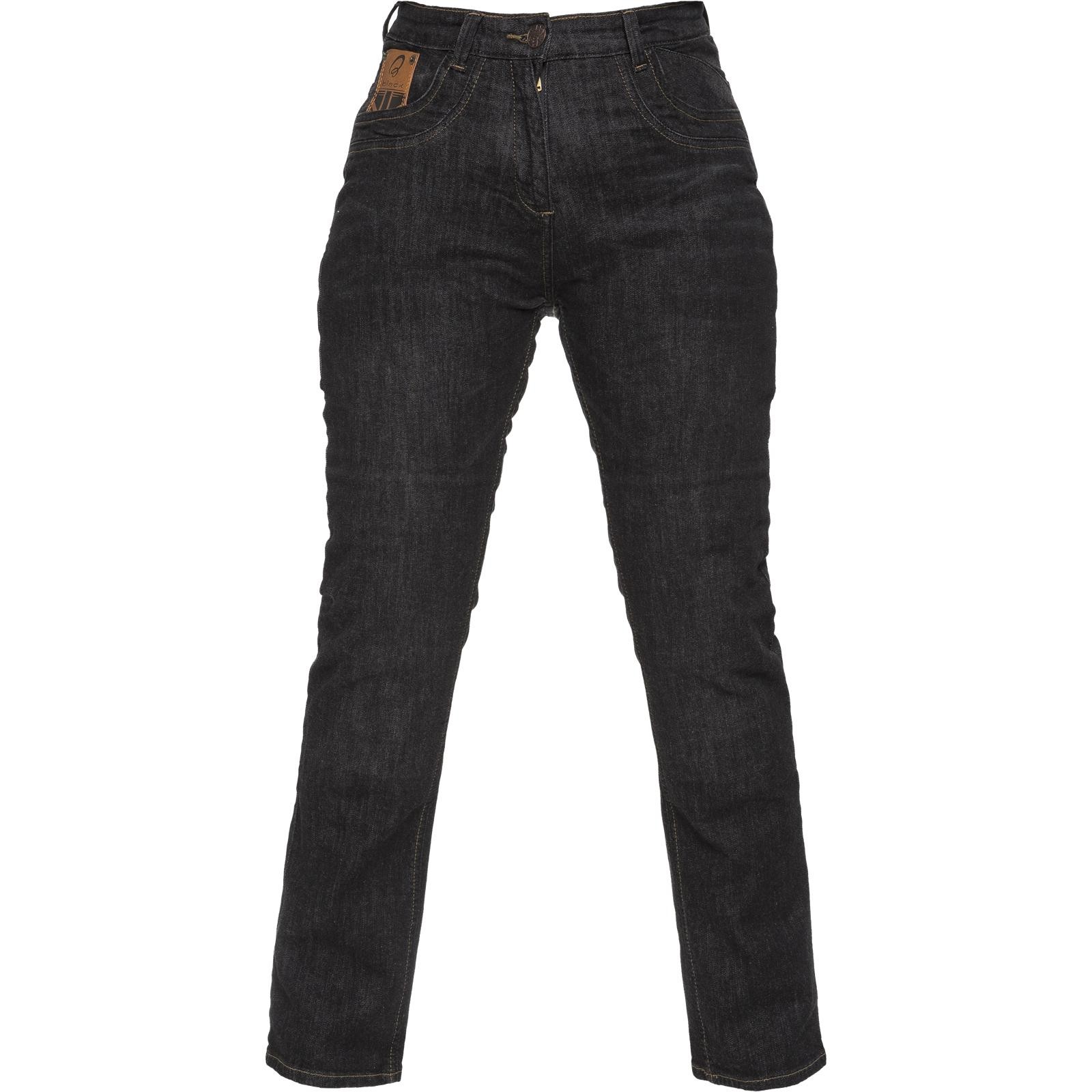 Black motorcycle jeans for women in UK size 14, featuring a short leg, made from durable denim with a classic five-pocket design and a subtle logo patch on the waistband.