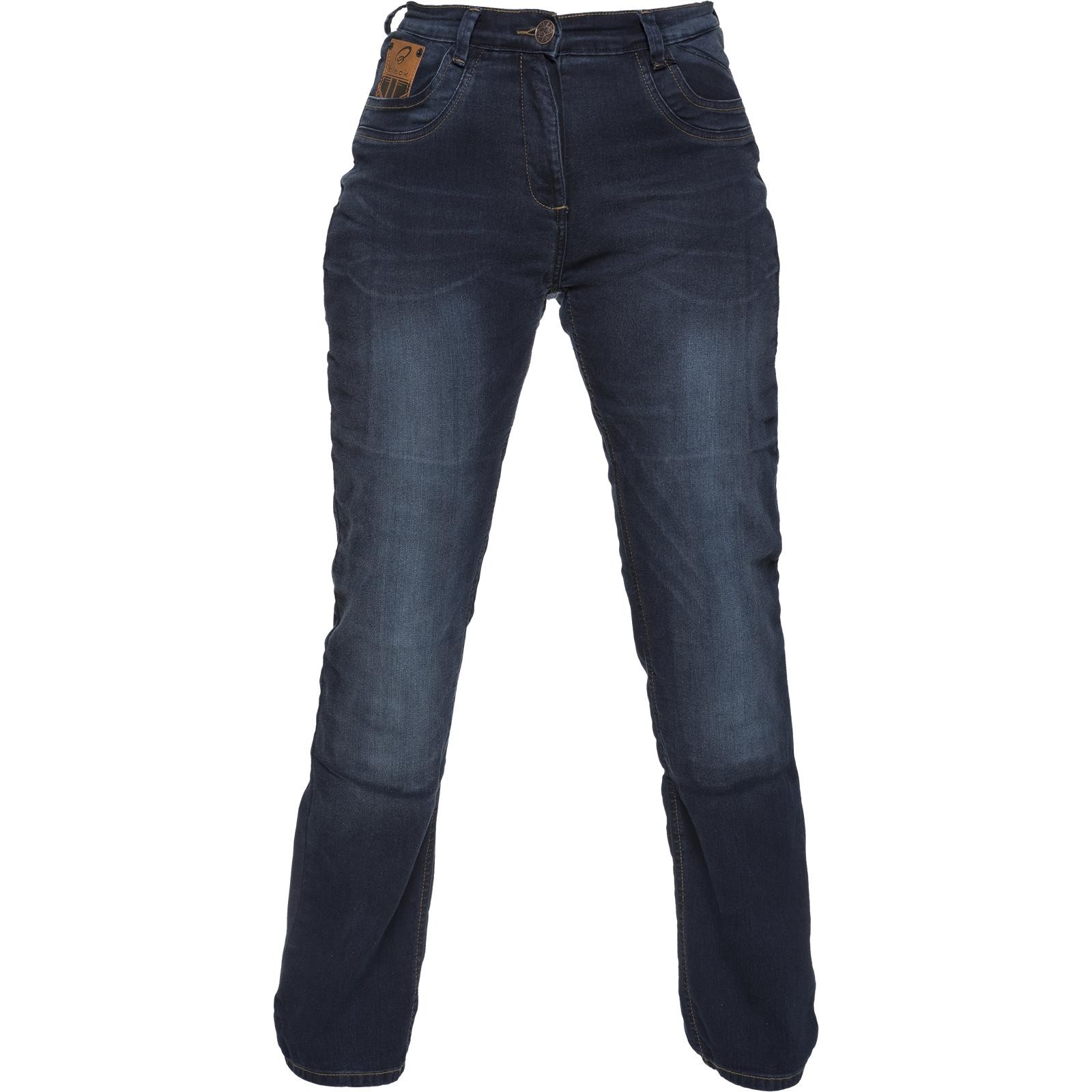 Black women's motorcycle jeans in a dark blue hue, UK size 8, featuring a standard leg cut, durable denim material, and subtle stitching details.