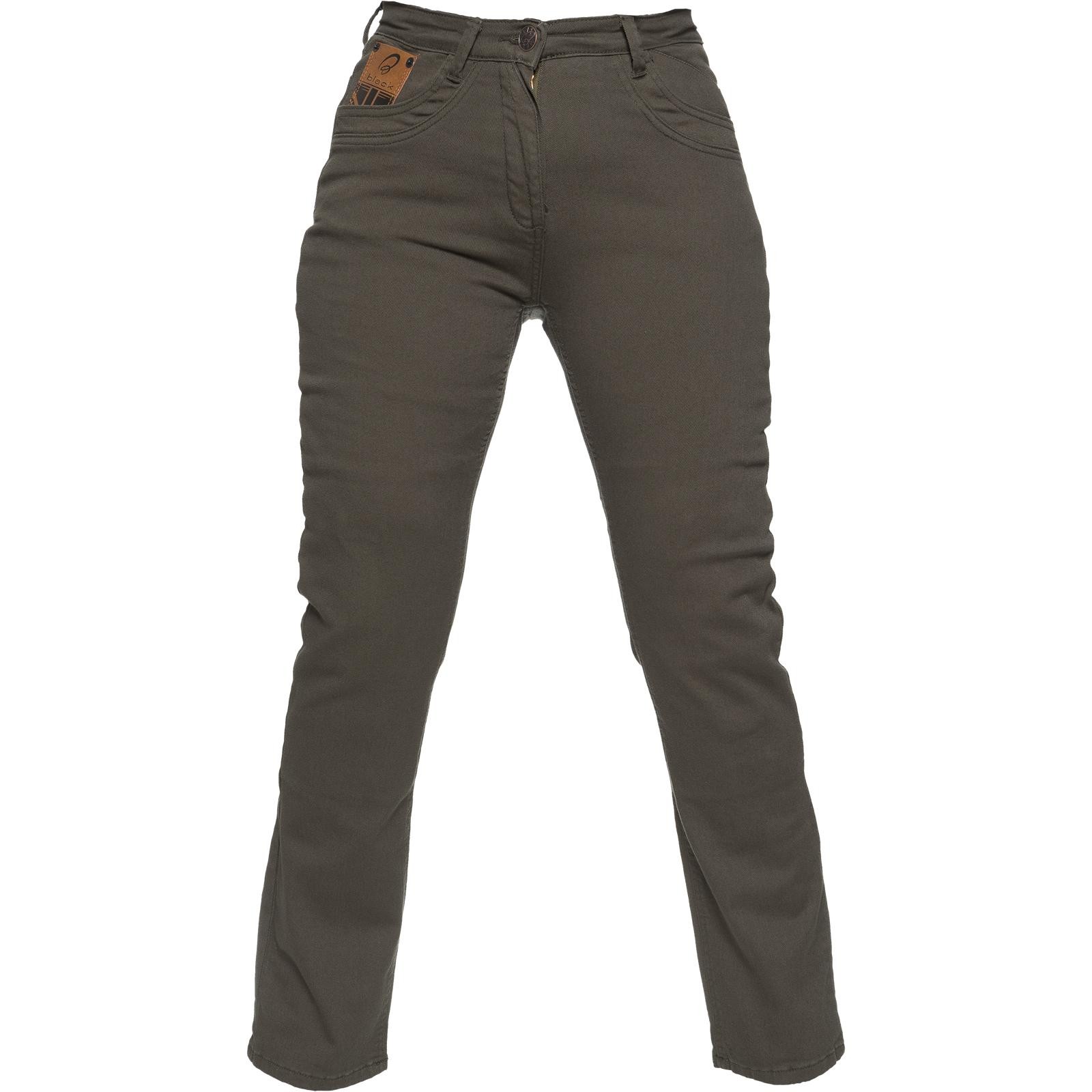 Black Salus women's motorcycle jeans in olive green, UK size 8, featuring a slim fit, durable material, and a classic five-pocket design with a subtle logo patch.