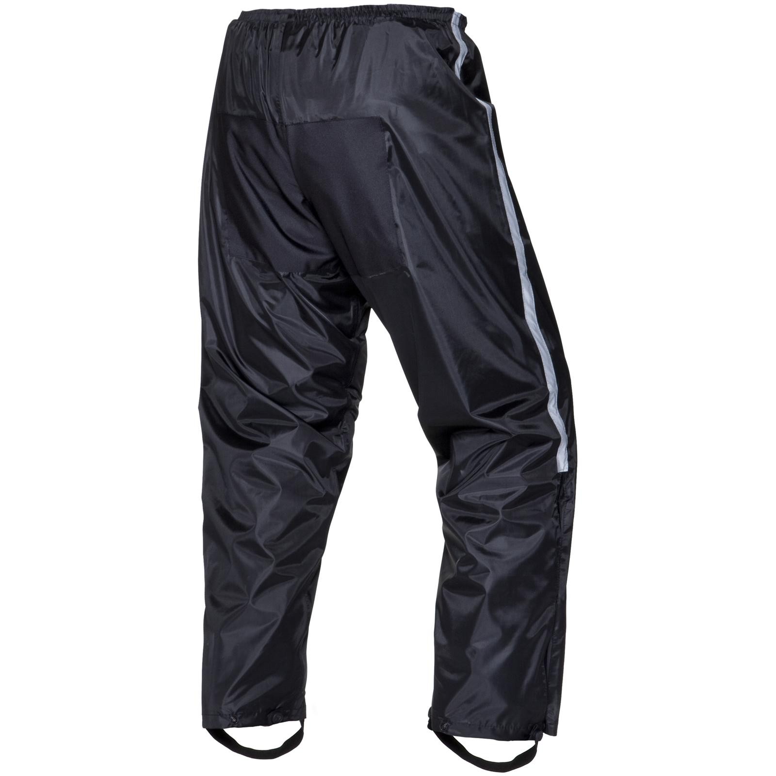 Black waterproof textile trousers in size XL, featuring a sleek design with reflective stripes and elastic waistband for comfort.