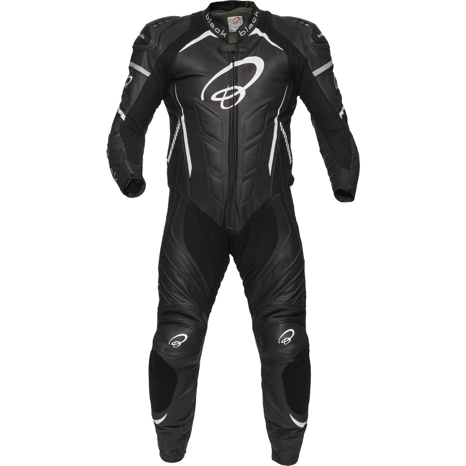 Black Thunder 1-piece leather motorcycle suit in black and white, featuring protective padding, a sleek design, and a fitted silhouette, size 46 (UK 36).