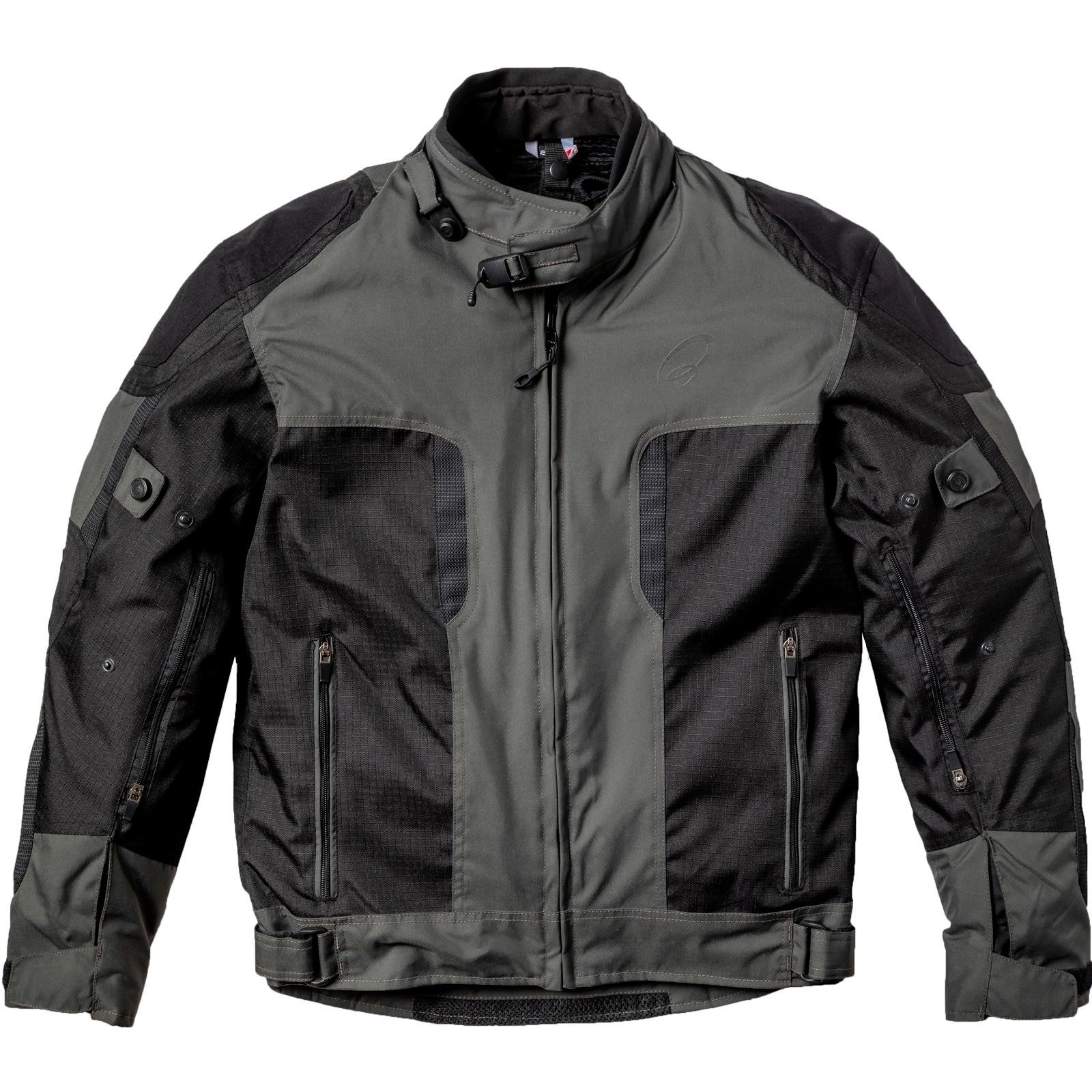 Black Zeal Motorcycle Jacket in 5XL, featuring a combination of black and dark grey fabric, with zippered pockets and padded shoulders for added protection.
