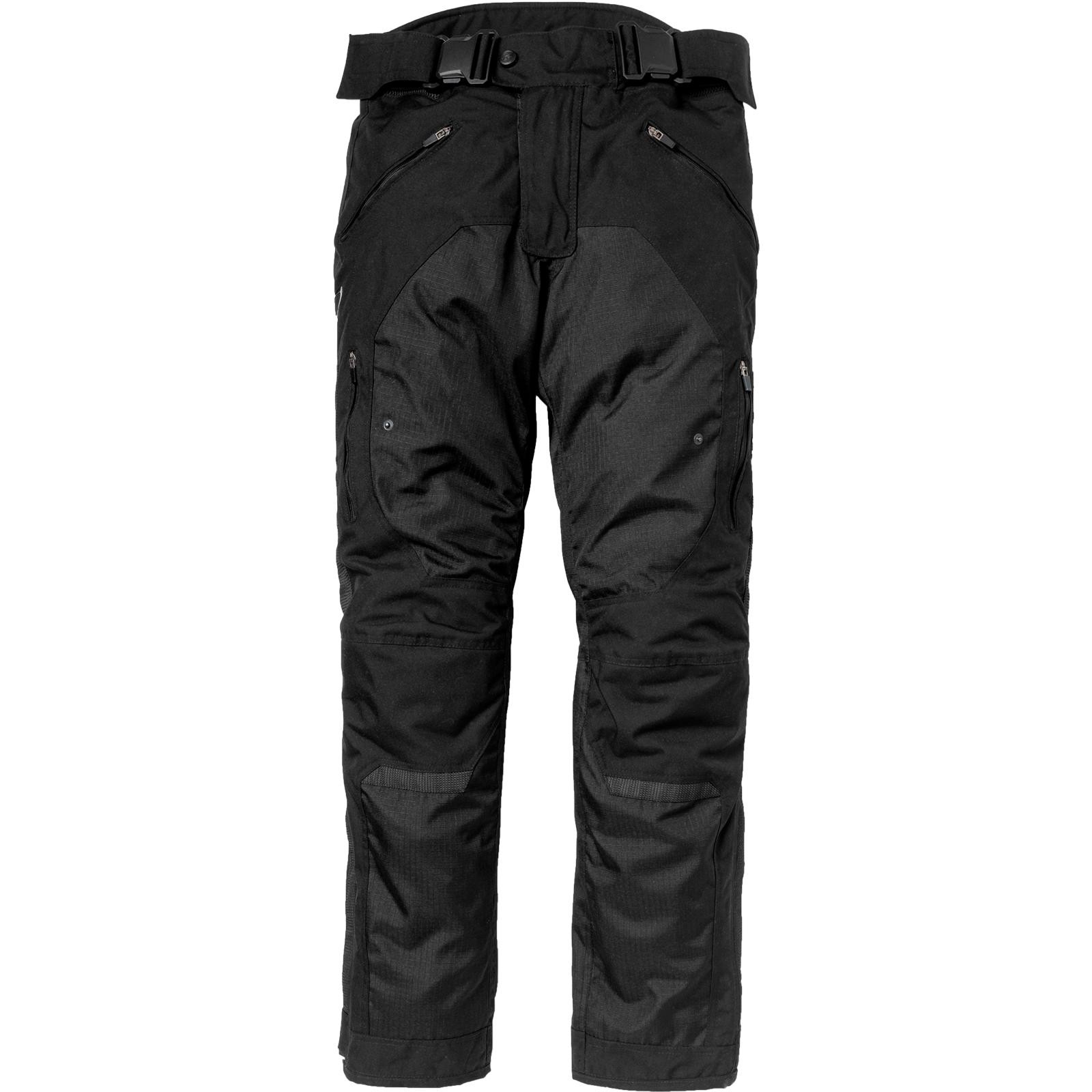 Black motorcycle trousers with a standard leg fit, featuring a durable material, multiple zippered pockets, and reinforced panels for added protection.