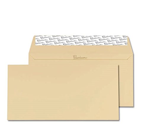 Cream-colored premium business wallet envelopes with a peel and seal closure, featuring a woven texture, measuring 110x220mm, packaged in a box of 500.