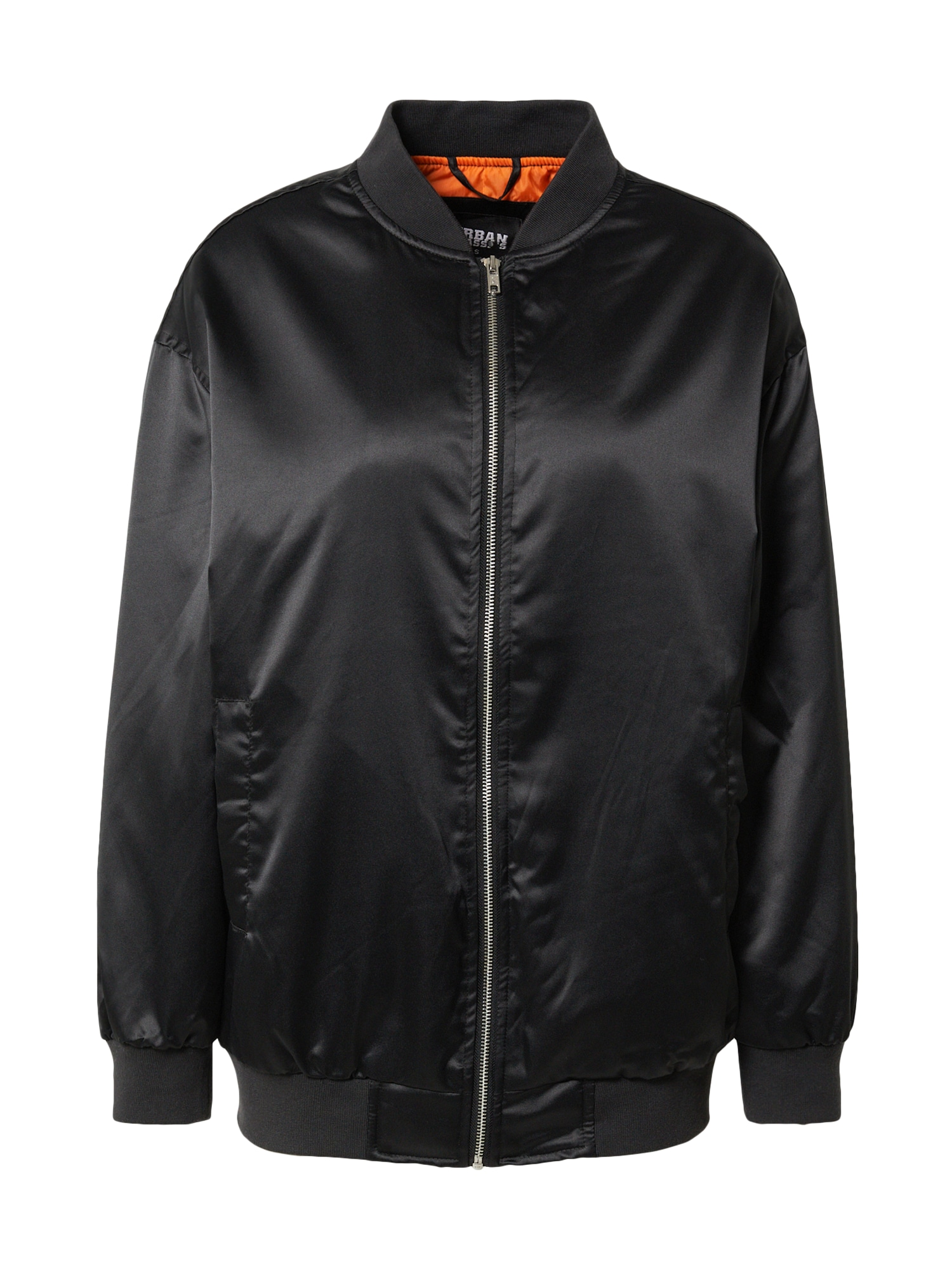 Black satin bomber jacket featuring a zip front, ribbed cuffs and hem, and an orange lining, designed for a relaxed, oversized fit.
