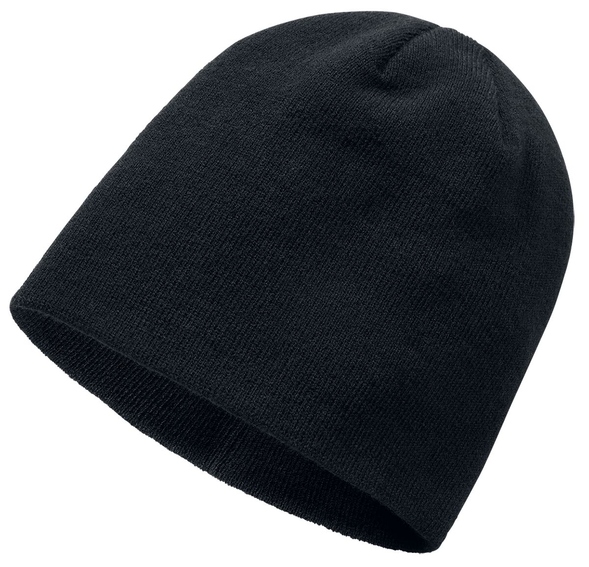 Black knitted beanie hat with a snug fit, featuring a simple, seamless design and soft, warm material, ideal for cold weather.