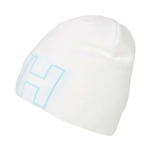 White knitted beanie featuring a light blue Helly Hansen logo, designed for warmth and comfort, with a snug fit suitable for outdoor activities.