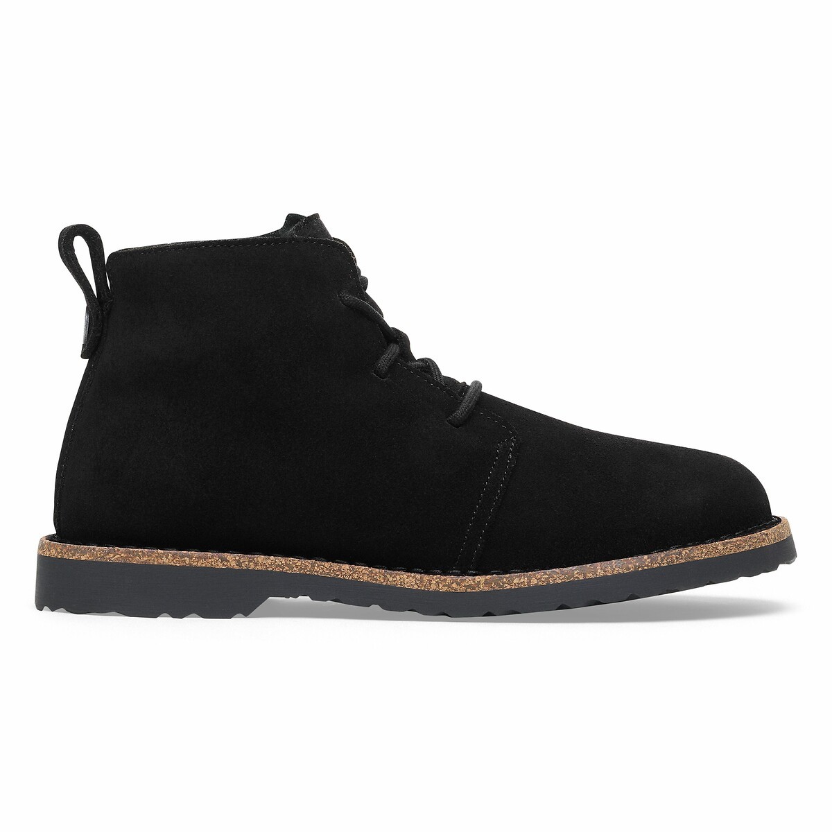 Black suede leather chukka boots featuring a shearling lining, lace-up design, and a textured cork sole for added comfort and style.
