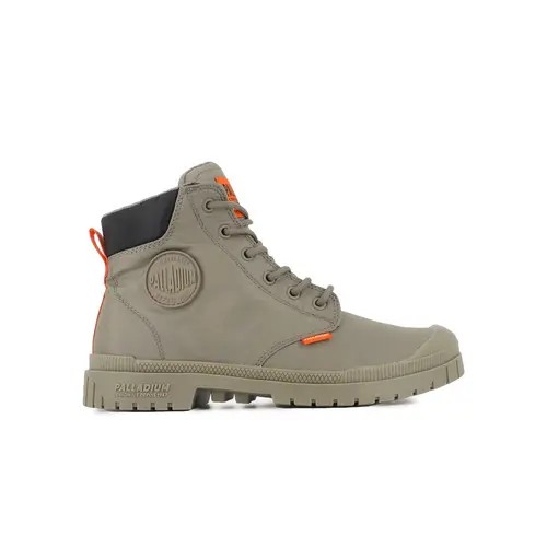 Khaki-colored Palladium hiking boots featuring a rubber sole, padded collar, and bright orange accents, with a logo patch on the side.