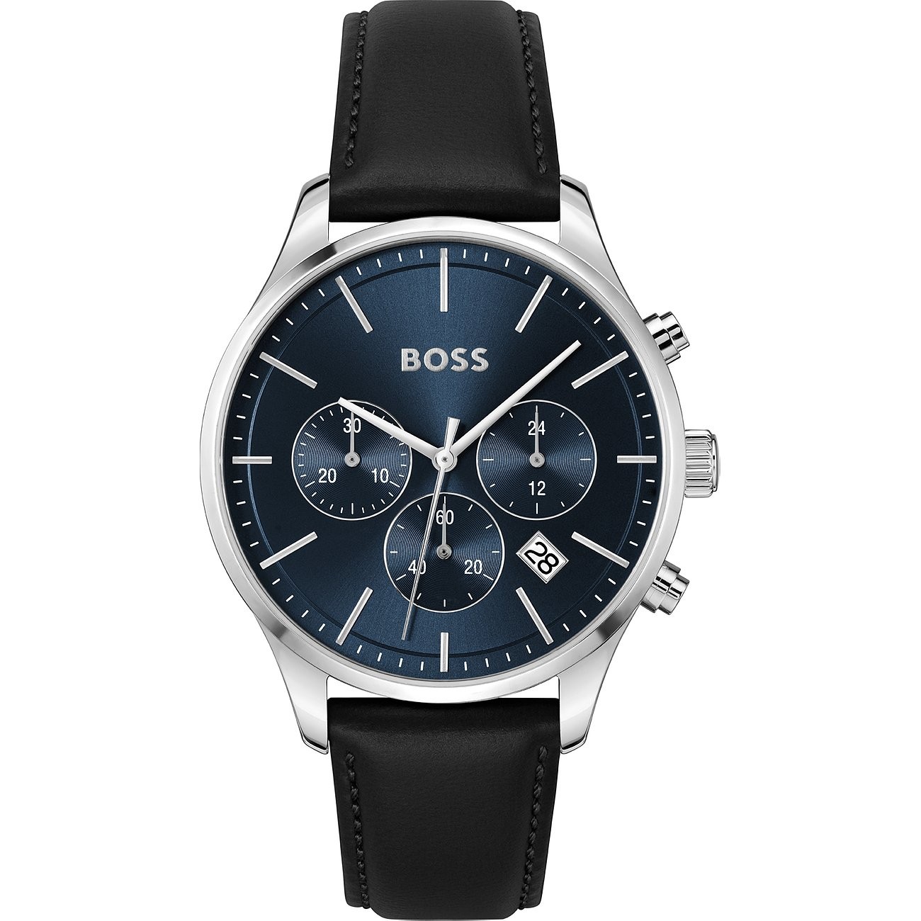 Silver-tone stainless steel watch with a navy blue dial, three sub-dials, silver hour markers, and a black leather strap, featuring a date display at the bottom.