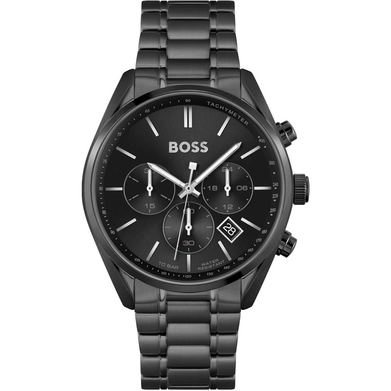 Black stainless steel chronograph watch by Hugo Boss, featuring a sleek black dial, silver-tone hands, date display, and tachymeter, with a polished bracelet.