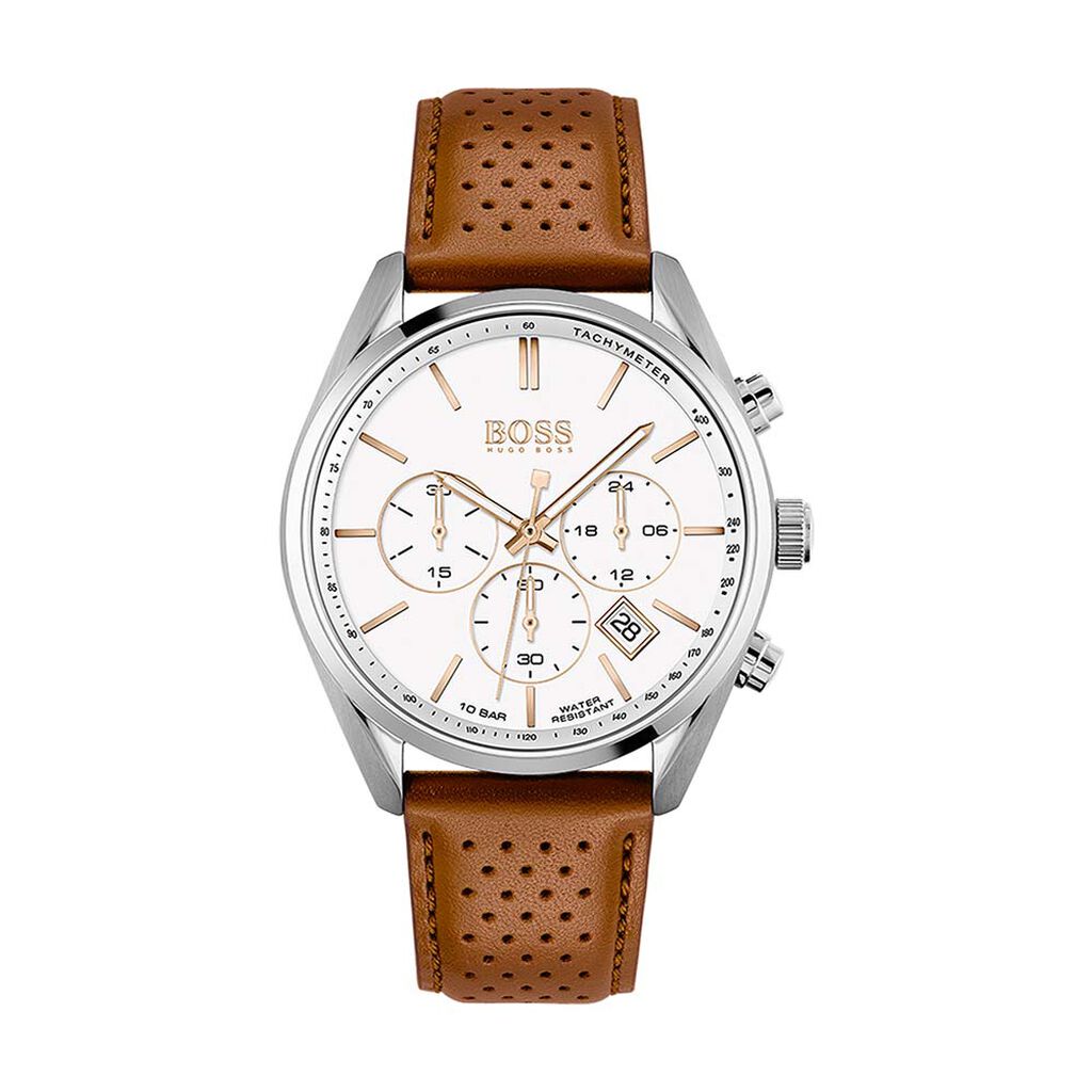 Brown leather strap chronograph watch by Hugo Boss features a silver stainless steel case, white dial with three sub-dials, and date display at 4 o'clock.