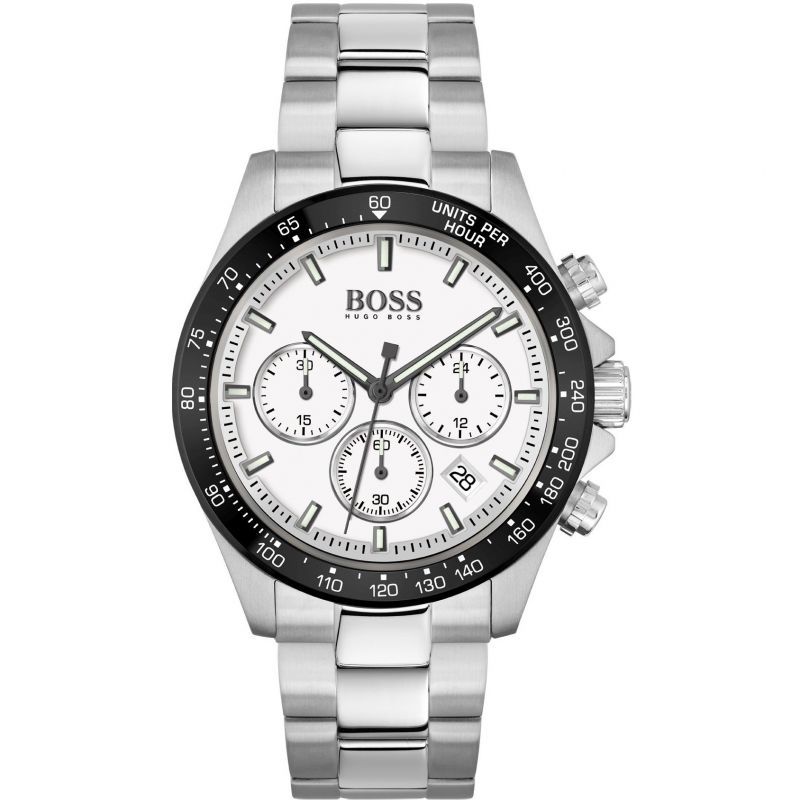 Silver stainless steel chronograph watch with a white dial, black bezel, three sub-dials, and a date display at 6 o'clock, featuring a polished bracelet.