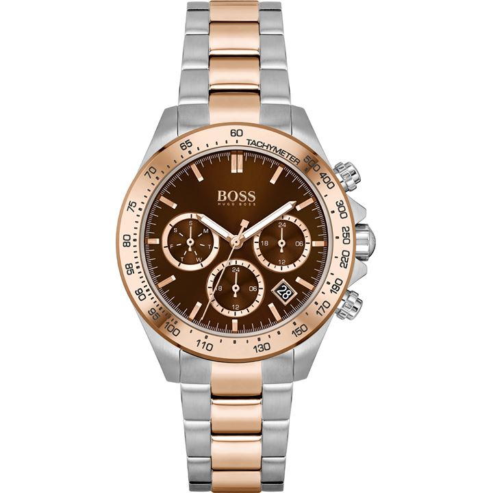 Hugo Boss Novia women's chronograph watch features a 38mm brown dial, rose gold-tone bezel, silver and rose gold two-tone bracelet, and three sub-dials with a date display.