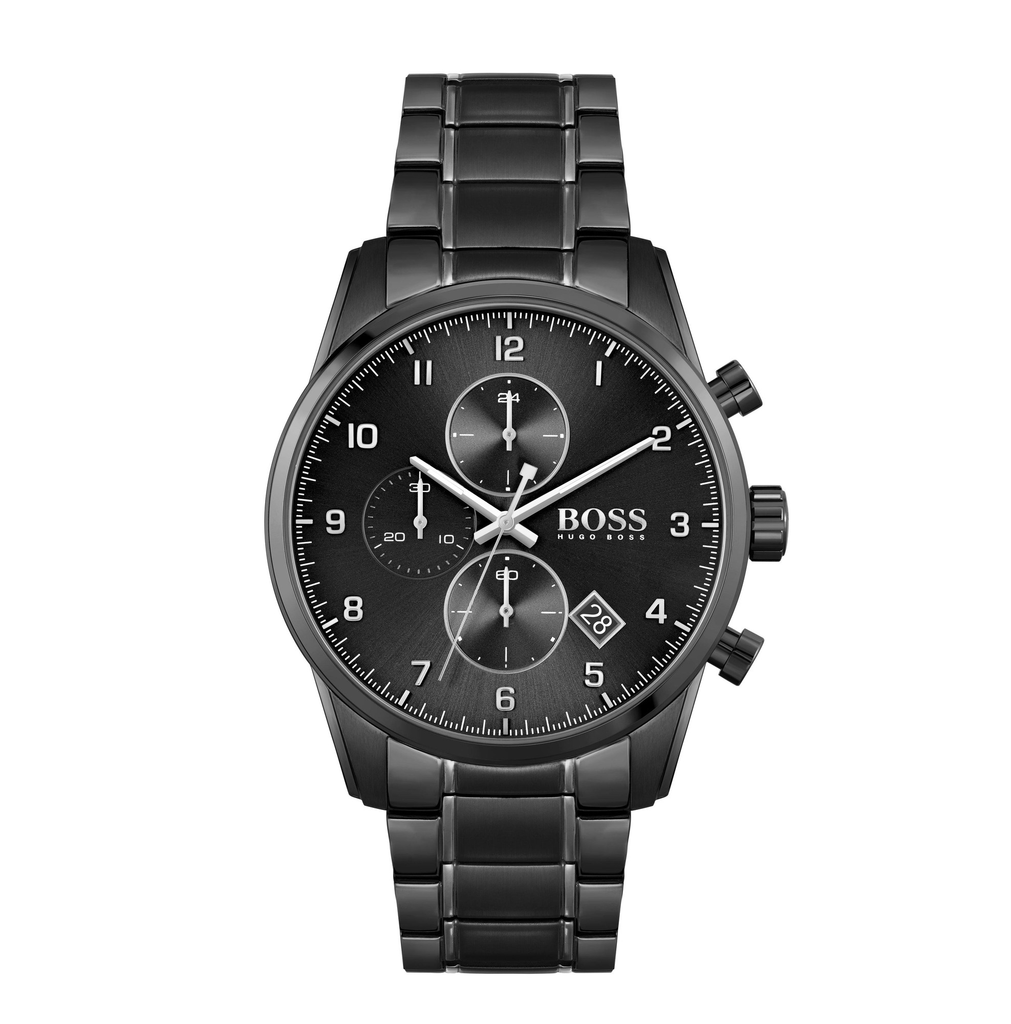 Black stainless steel Hugo Boss men's watch featuring a chronograph dial, silver accents, and a date display at 4 o'clock, with a sleek, modern design.