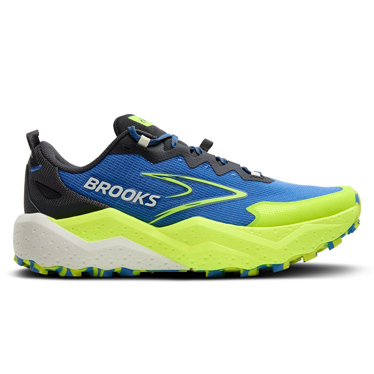 Men's Brooks Caldera 8 running shoes in blue and neon green with a textured upper, cushioned sole, and rugged outsole for traction.
