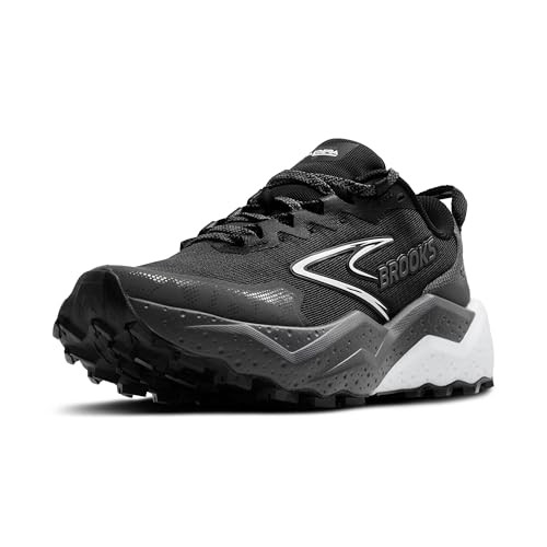 Brooks Women's Caldera 8 Ultra Trail Running Shoe in black with blackened pearl and white accents, featuring a rugged sole, breathable mesh upper, and cushioned midsole for comfort.