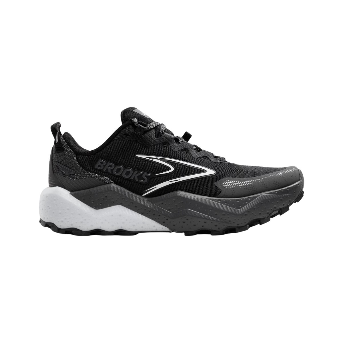 Women's Brooks Caldera 8 trail running shoes in black with blackened pearl and white accents, featuring a textured upper, cushioned sole, and a rugged outsole for traction.