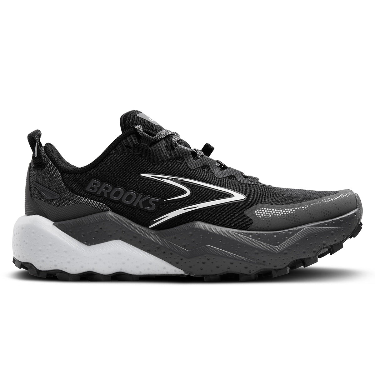 Black Brooks Caldera 8 women's running shoes featuring a black and blackened pearl upper, white accents, a cushioned sole, and rugged outsole for traction, size 9.