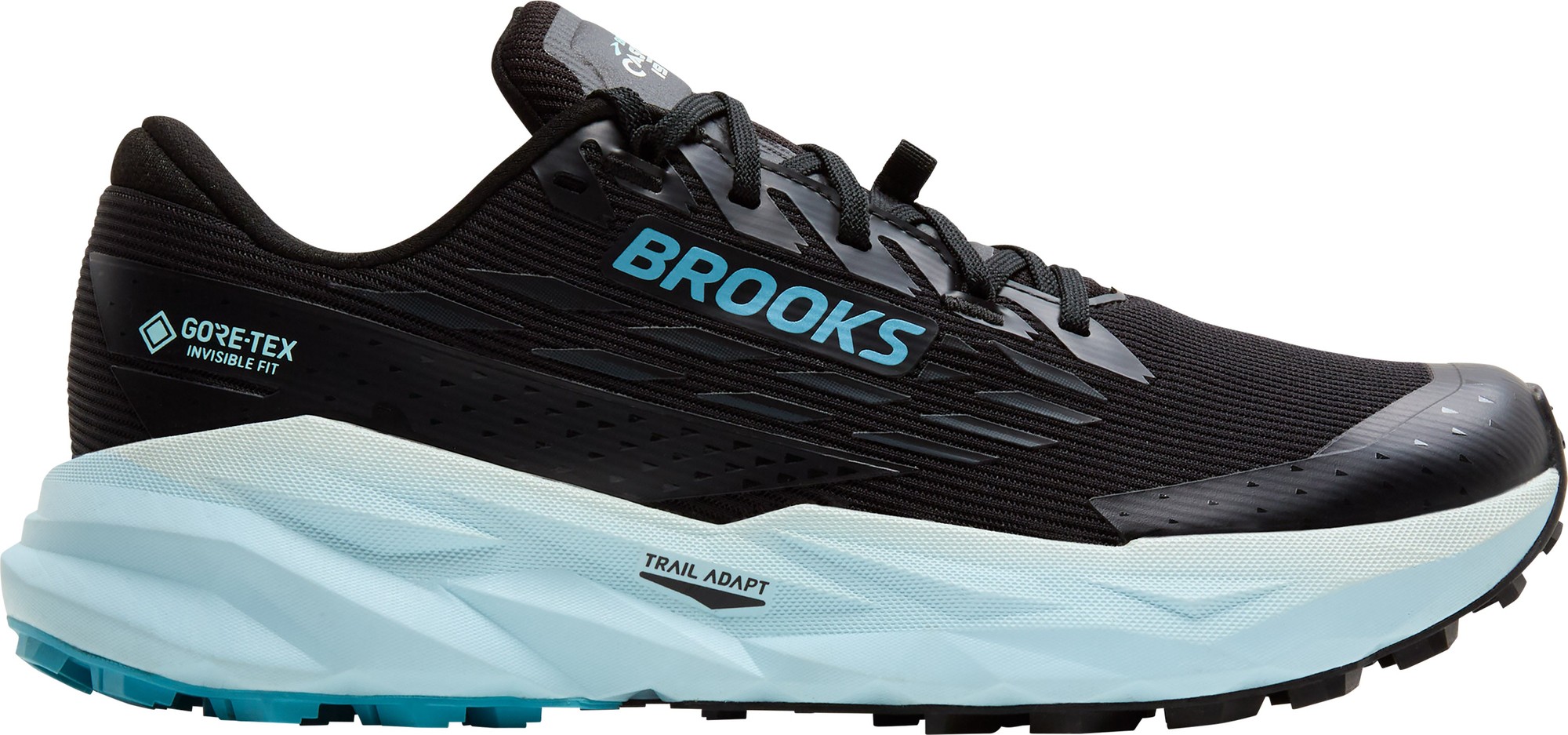 Black and ebony textile running shoes with blue flower accents, featuring a GORE-TEX® upper, cushioned sole, and rugged traction for trail running.