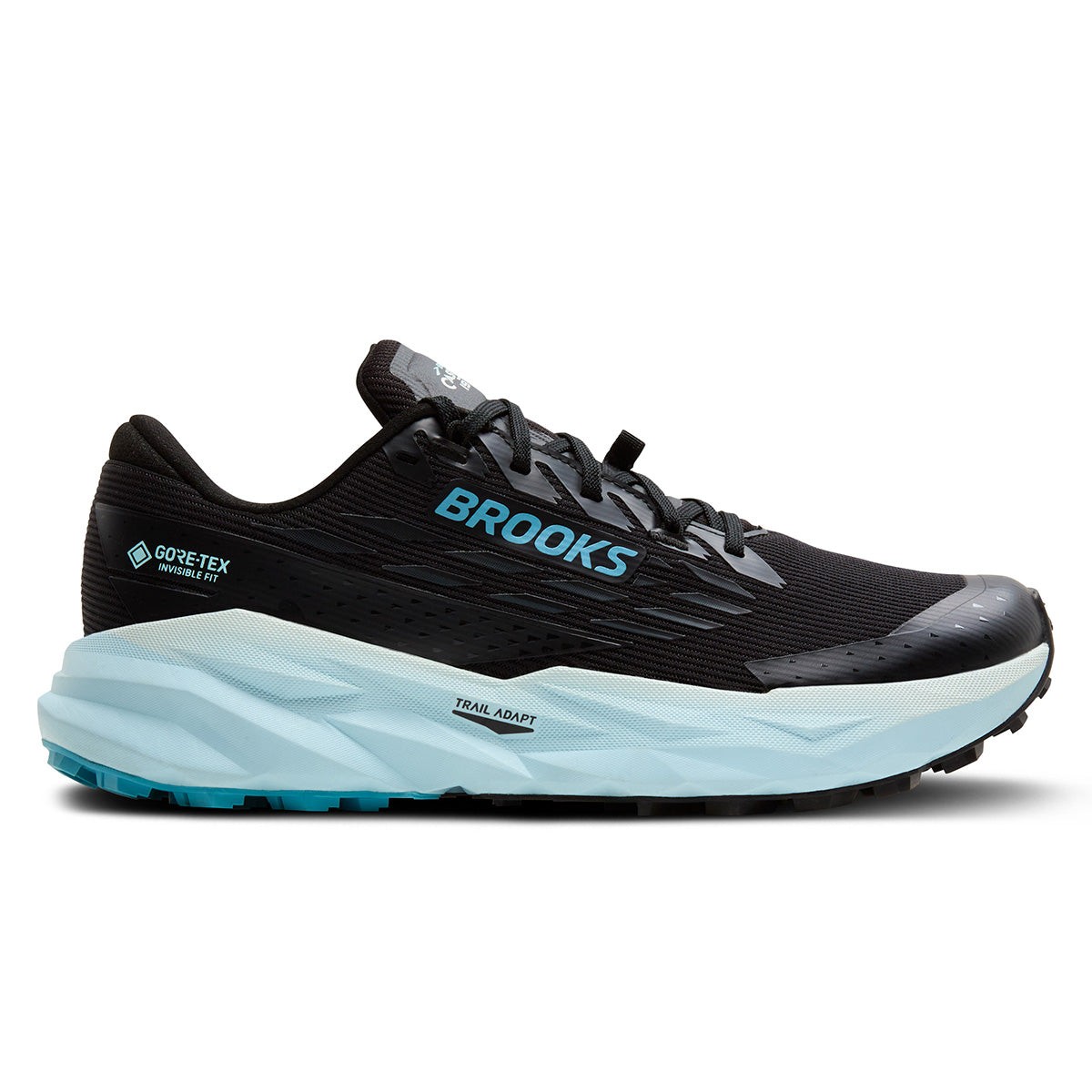 Black and ebony trail running shoes with a blue flower accent, featuring a Gore-Tex upper for waterproofing and a cushioned sole designed for stability on various terrains.
