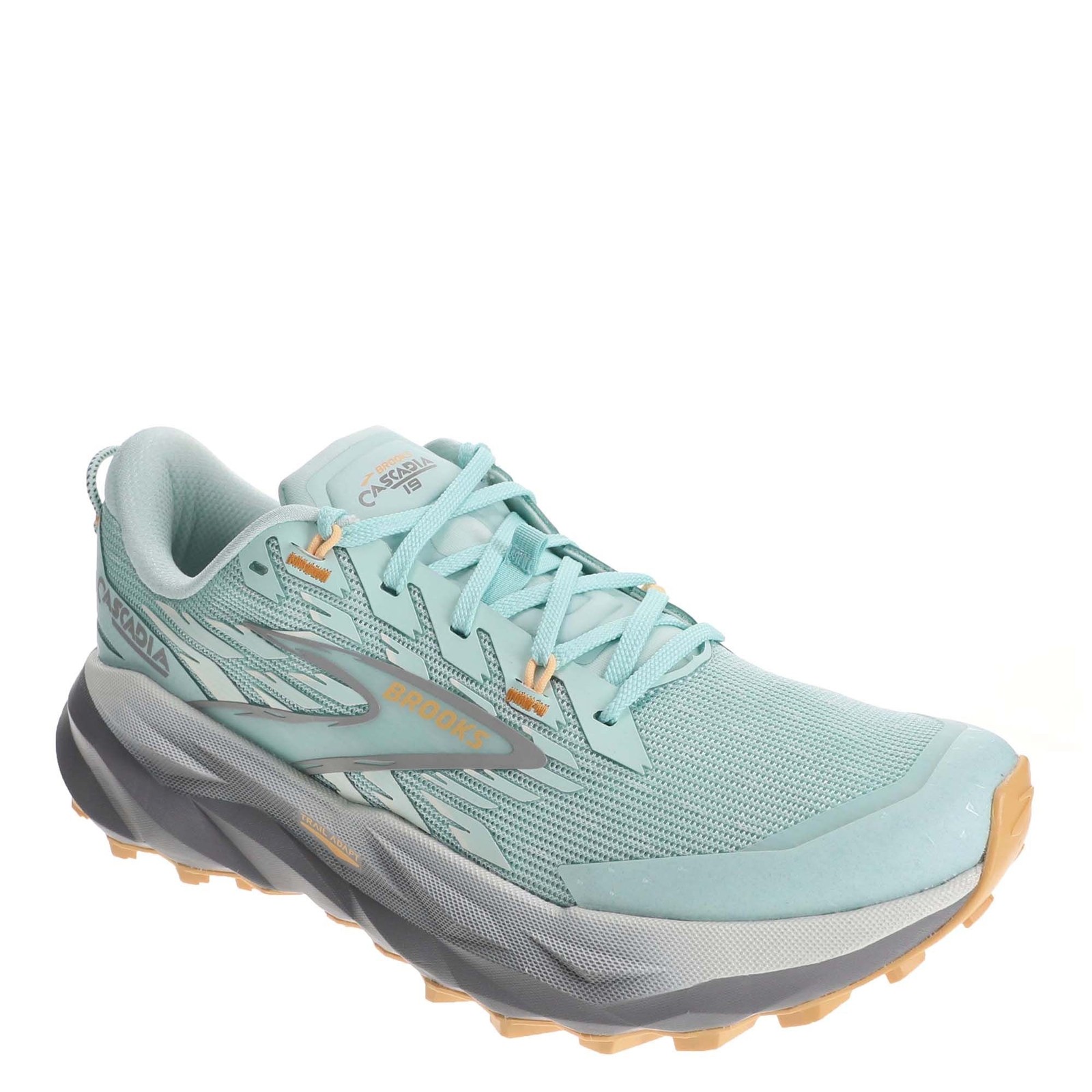 Light blue Brooks Cascadia 19 women's running shoe featuring a breathable mesh upper, cushioned sole, and rugged outsole for traction on various terrains.