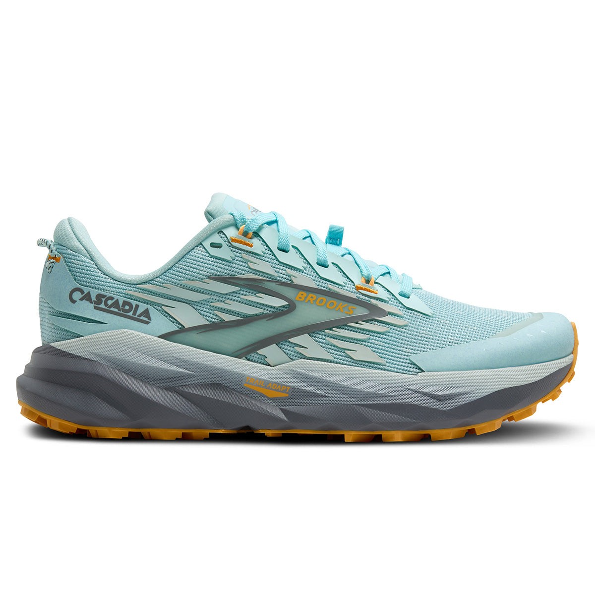 Light blue textile running shoes with grey and apricot accents, featuring a cushioned sole, textured upper, and a secure lace-up design, ideal for trail running.