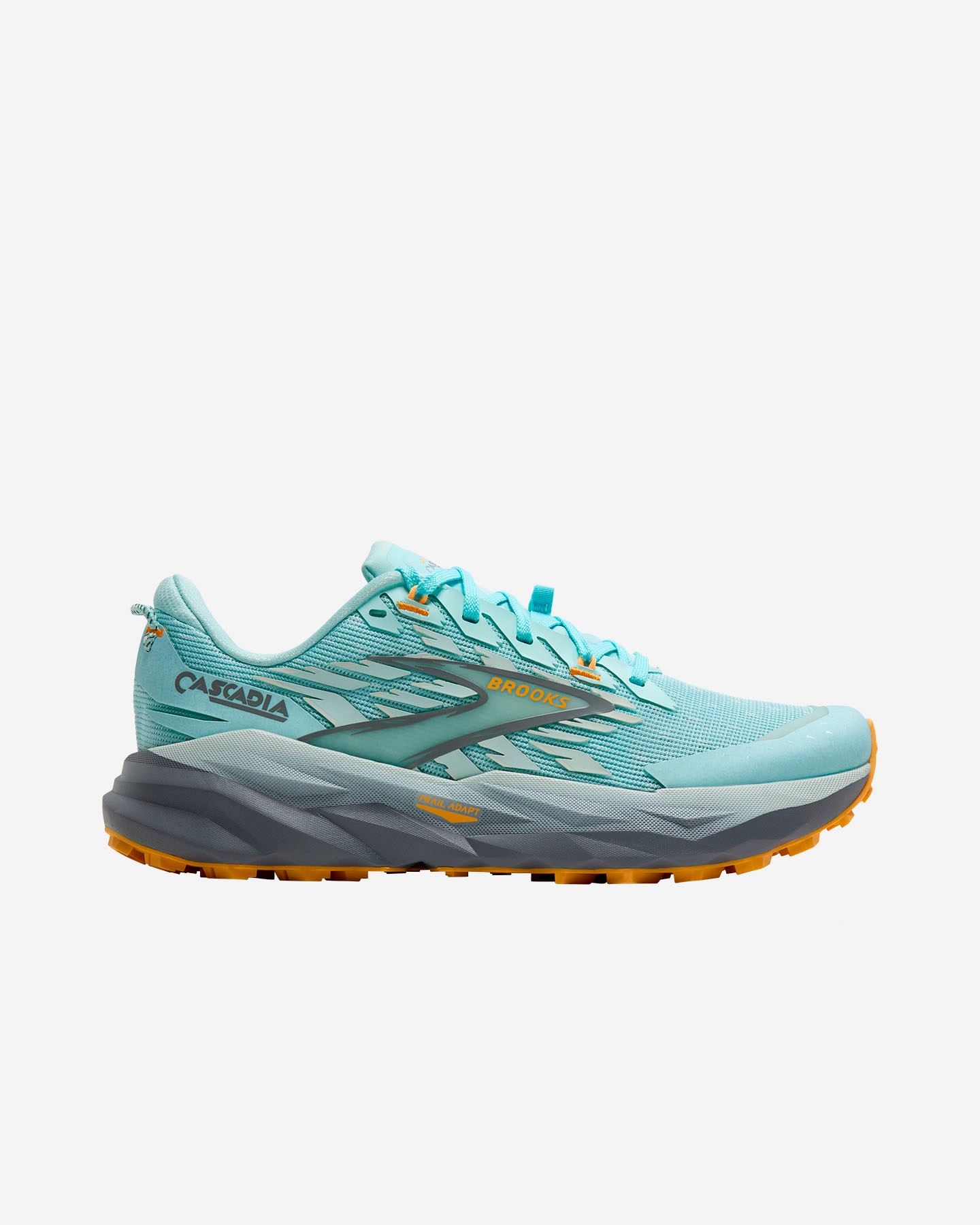 Light blue trail running shoes with grey and apricot accents, featuring a breathable mesh upper, cushioned sole, and rugged outsole for traction on various terrains.