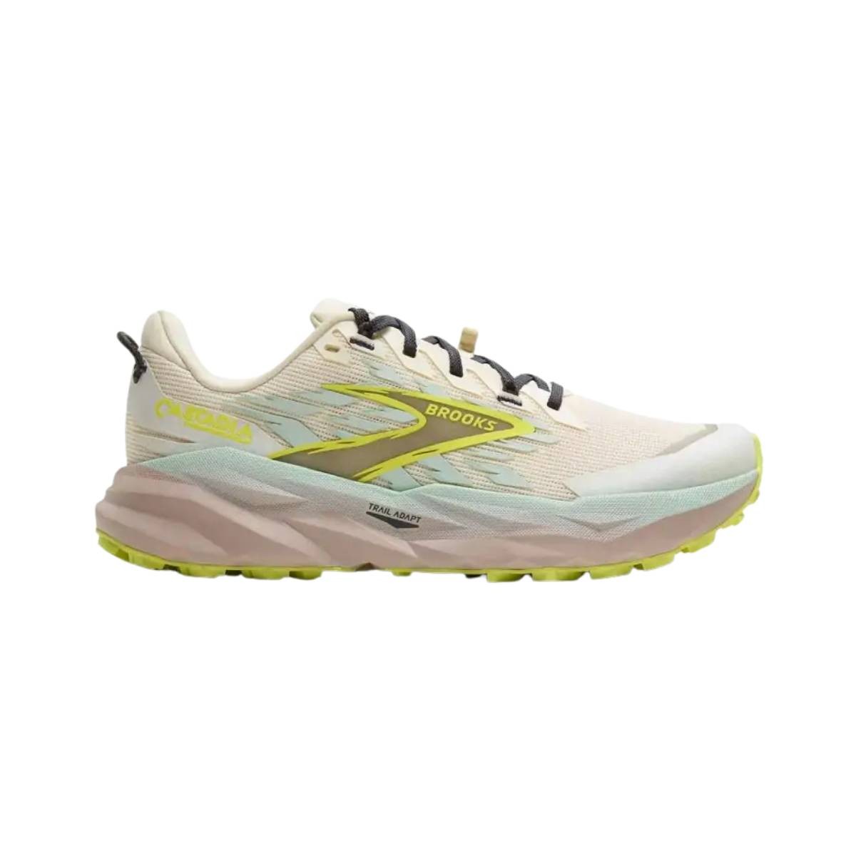 Brooks Cascadia 19 women's running shoes in coconut, misty blue, and ebony, featuring a textile upper, cushioned sole, and vibrant yellow accents.