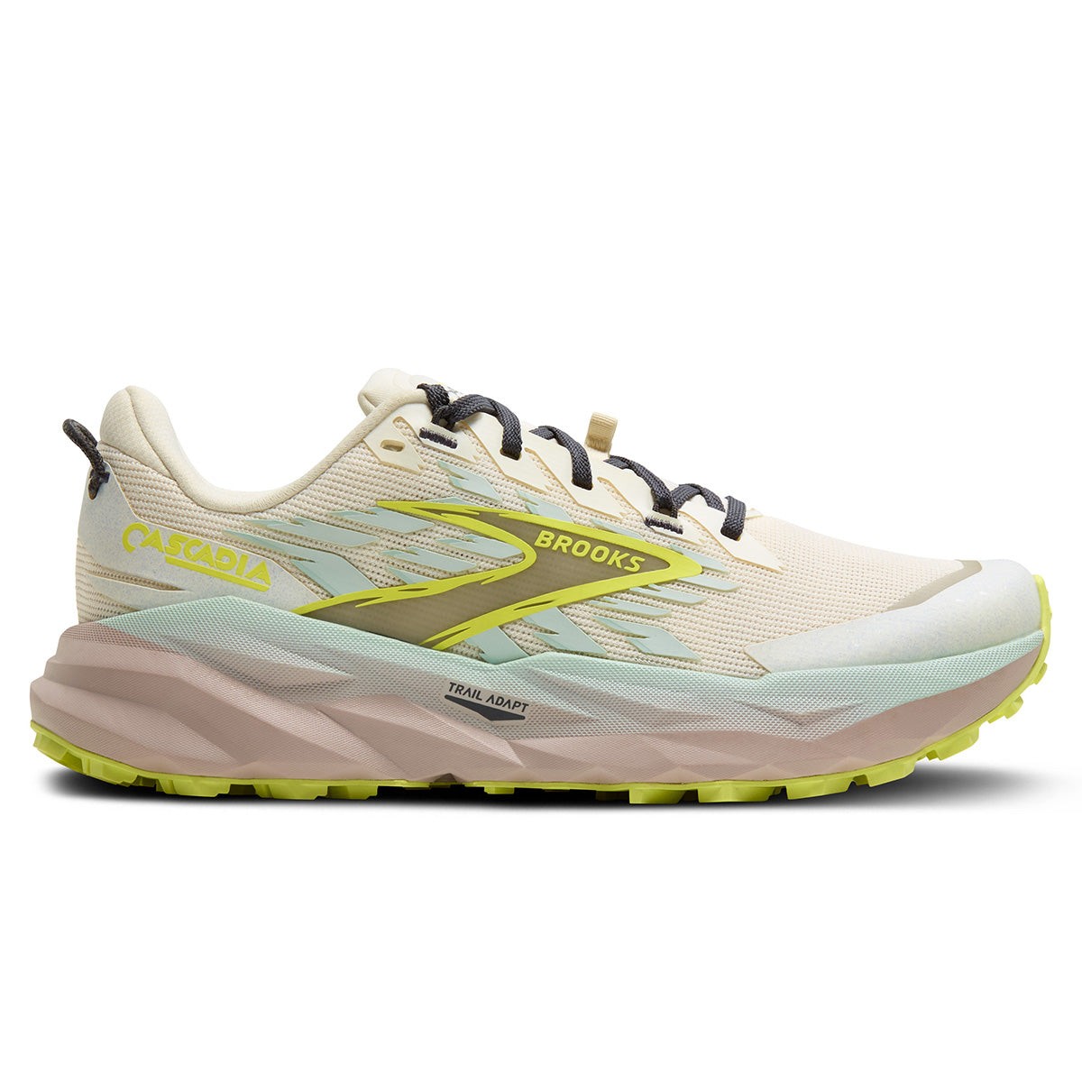 Light beige women's trail running shoes with a cushioned sole, featuring a yellow and teal design, black laces, and a rugged outsole for traction.