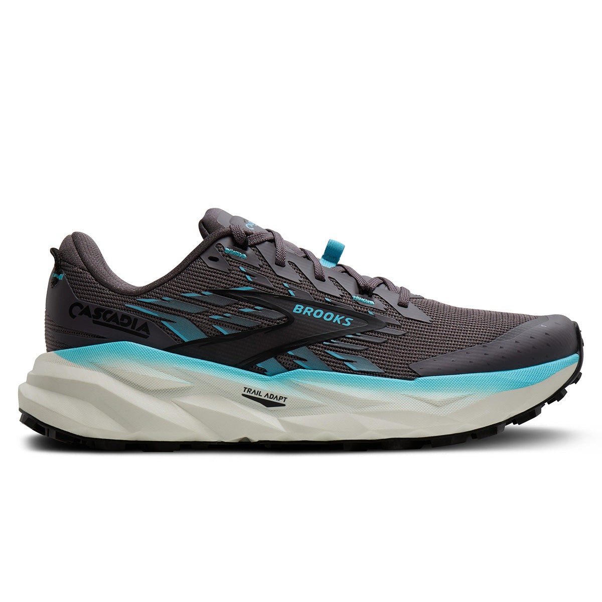 Brooks Cascadia 19 women's trail running shoes in black, rabbit, and bluefish colors, featuring a breathable mesh upper, cushioned sole, and rugged outsole for traction.