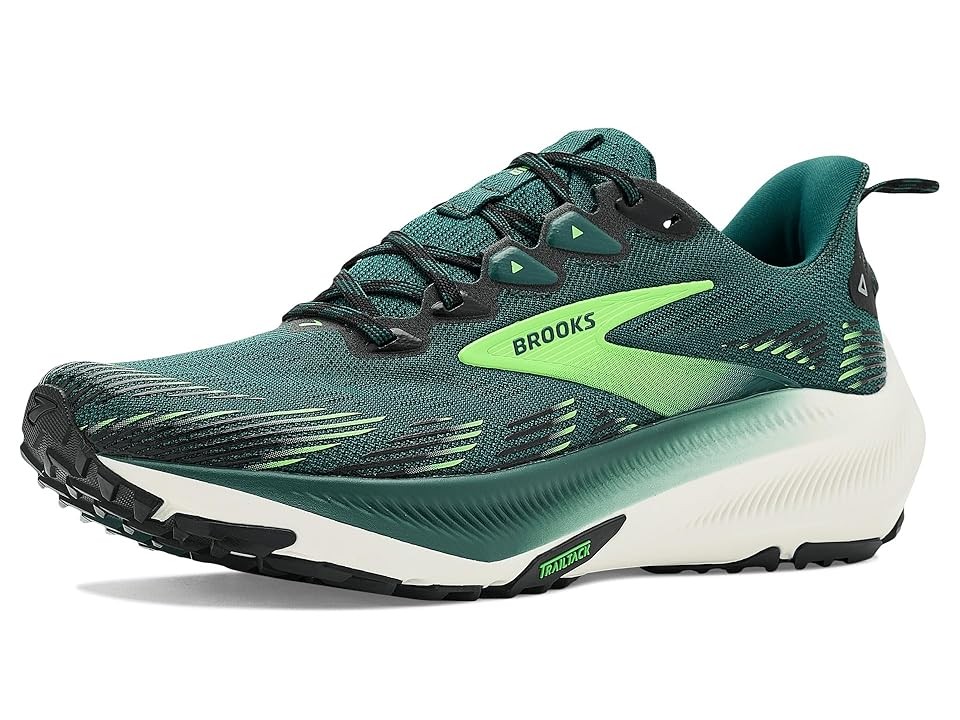 Men's Brooks Ghost Trail cross training shoes in Atlantic Deep, Black, and Green, featuring a synthetic upper, textured design, and a cushioned sole for comfort.