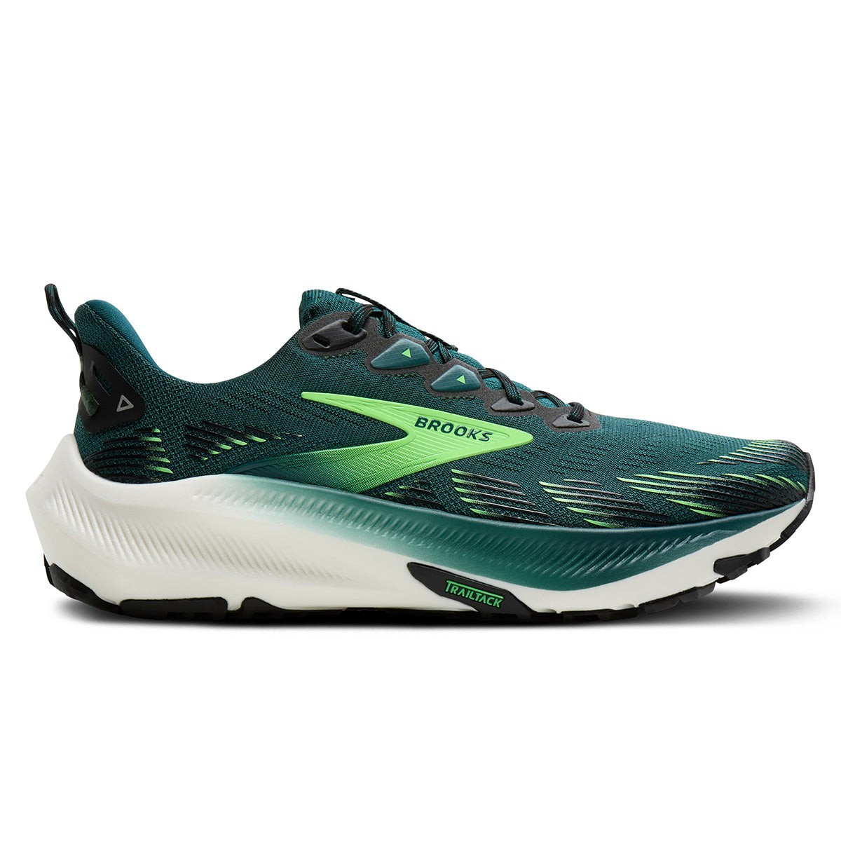 Dark green Brooks Ghost Trail running shoes feature a breathable mesh upper, reflective accents, and a cushioned sole for enhanced comfort on trails. Size 40.5.