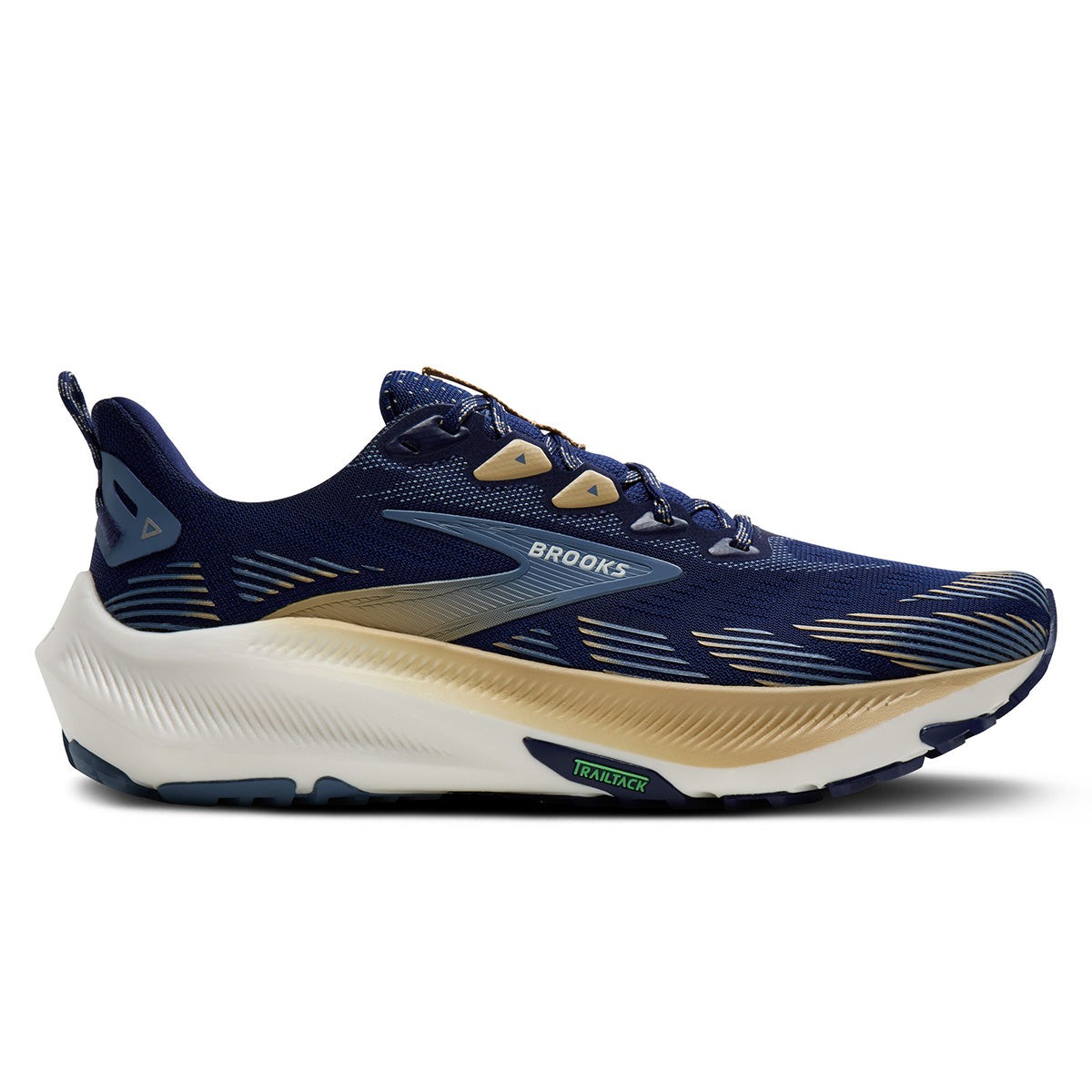 Men's Brooks Ghost Trail running shoes in blue with starfish and moonlight accents, featuring a breathable mesh upper, cushioned sole, and rugged traction outsole.