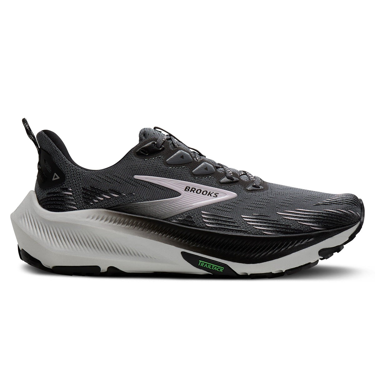 Brooks Ghost Trail women's shoes in Poppy Seed, Black, and Pink feature a synthetic upper, cushioned sole, and a sleek design, size 11.5 B - Medium.