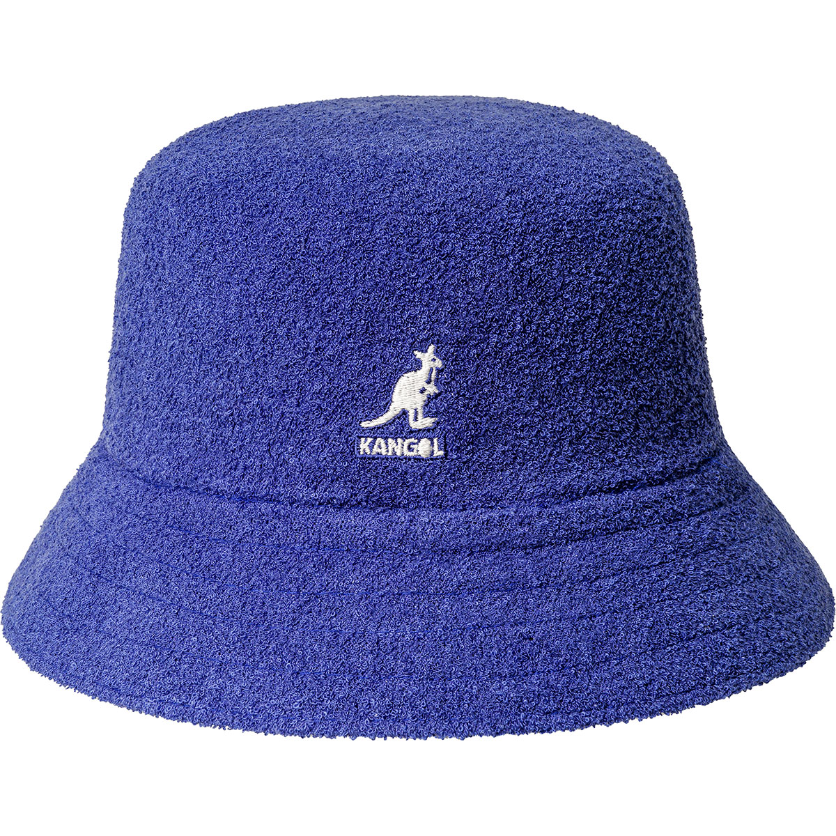 Blue terry cloth bucket hat featuring a wide brim and a white Kangol logo embroidered on the front.