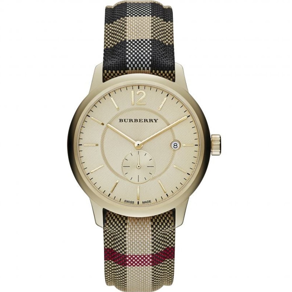 Classic Burberry men's watch featuring a gold-tone case, beige dial with hour markers, and a signature check-pattern fabric strap in black, beige, and red.