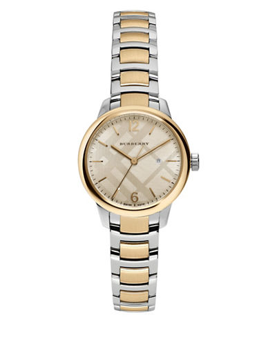 Classic Swiss made women's watch with a two-tone stainless steel and gold bracelet, a beige dial, and gold-tone hour markers, featuring a date display at 6 o'clock.